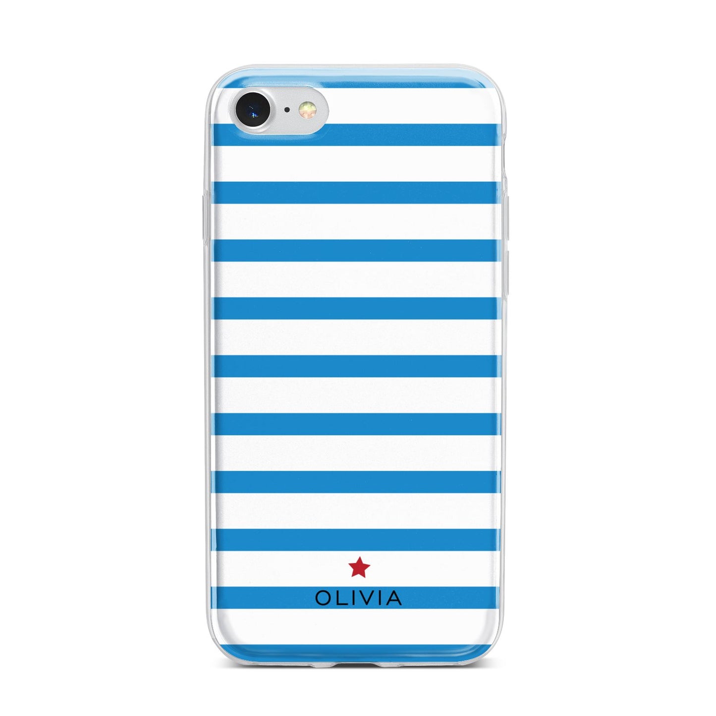 Personalised Name Blue White iPhone 7 Bumper Case on Silver iPhone