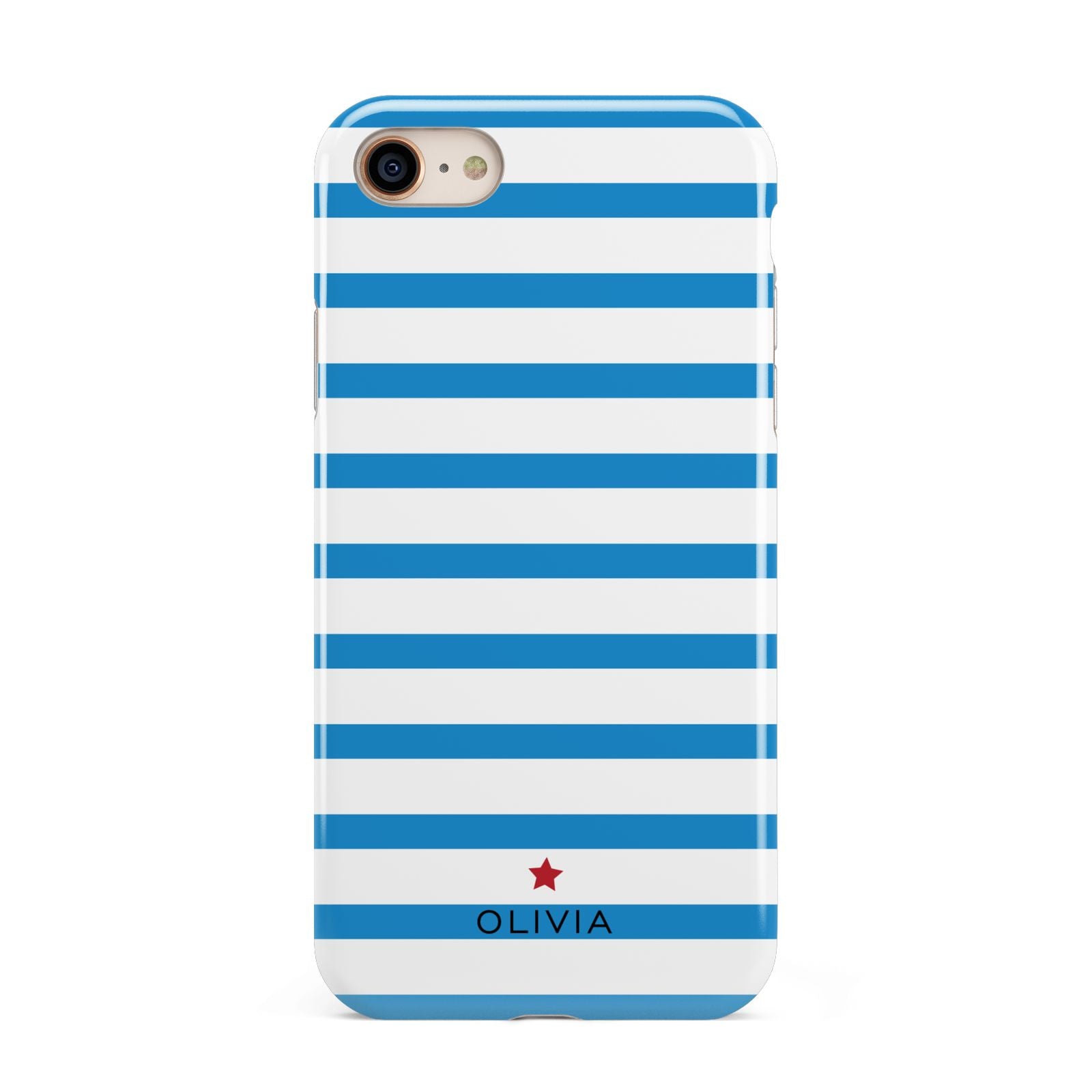 Personalised Name Blue White iPhone 8 3D Tough Case on Gold Phone