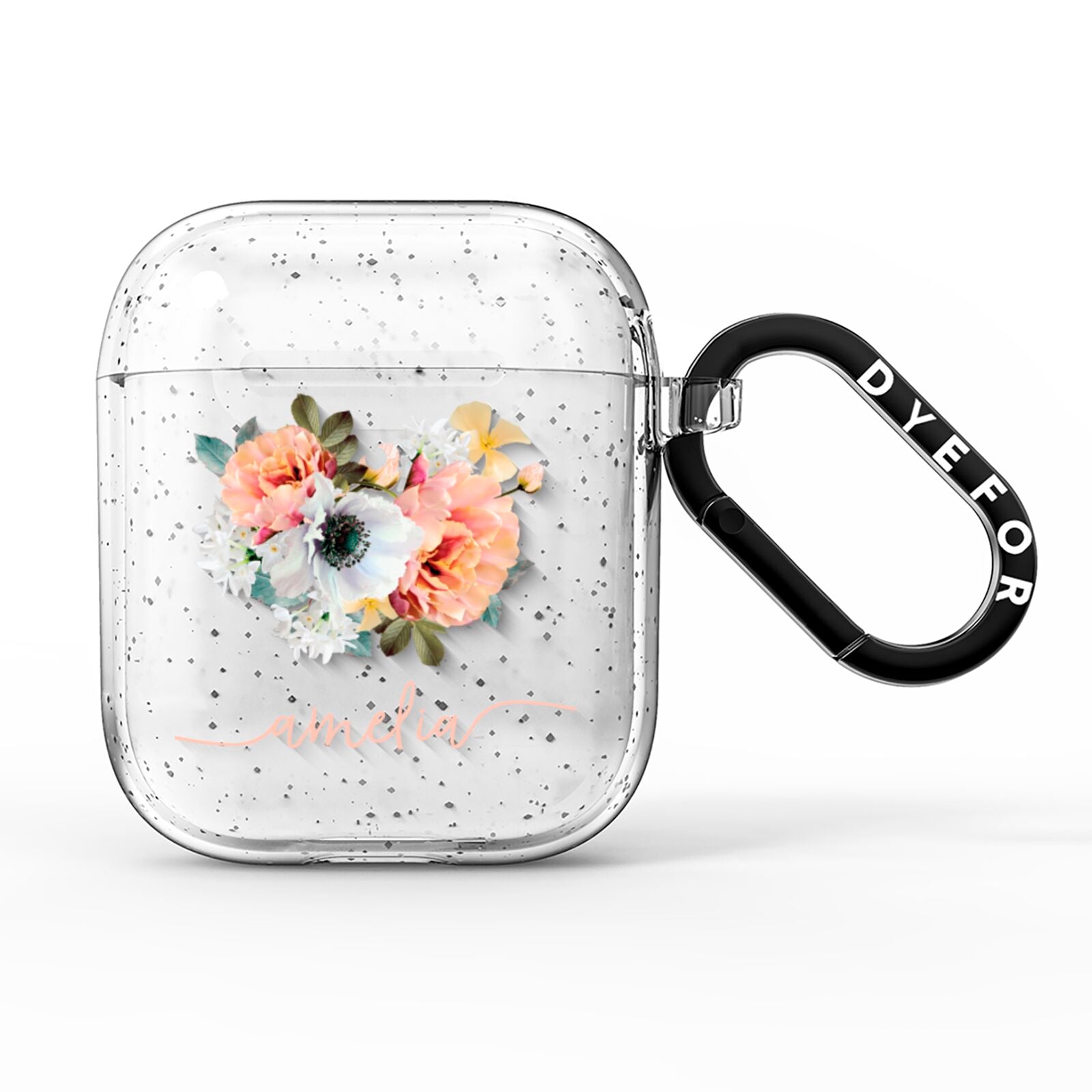 Personalised Name Clear Floral AirPods Glitter Case