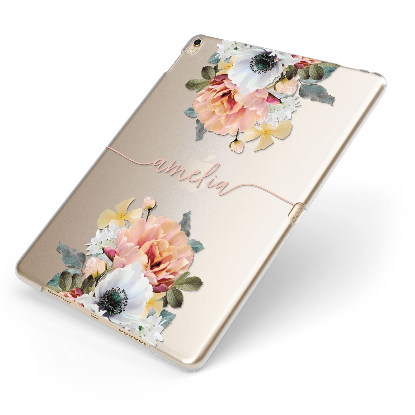 Personalised Name Clear Floral Apple iPad Case on Gold iPad Side View