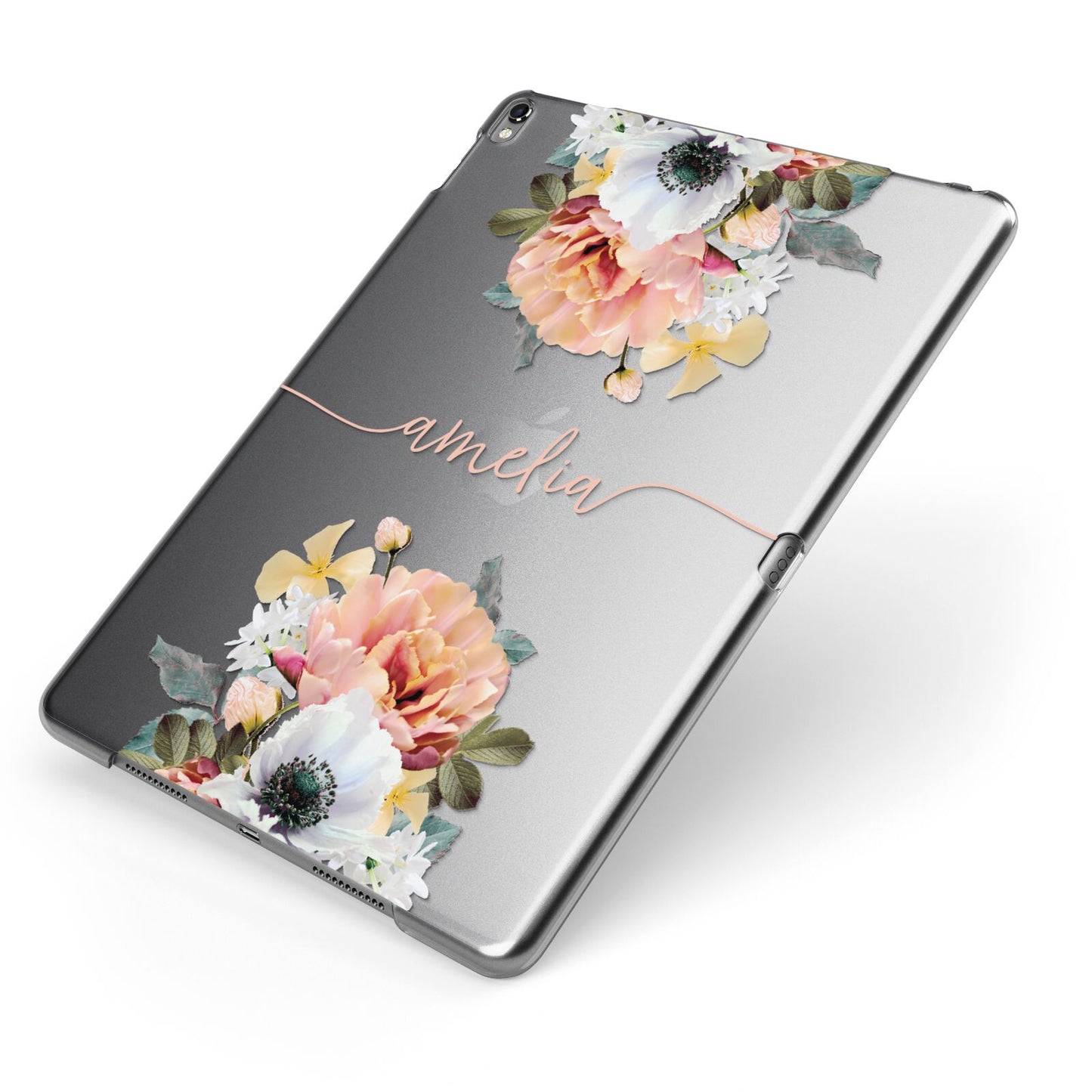 Personalised Name Clear Floral Apple iPad Case on Grey iPad Side View