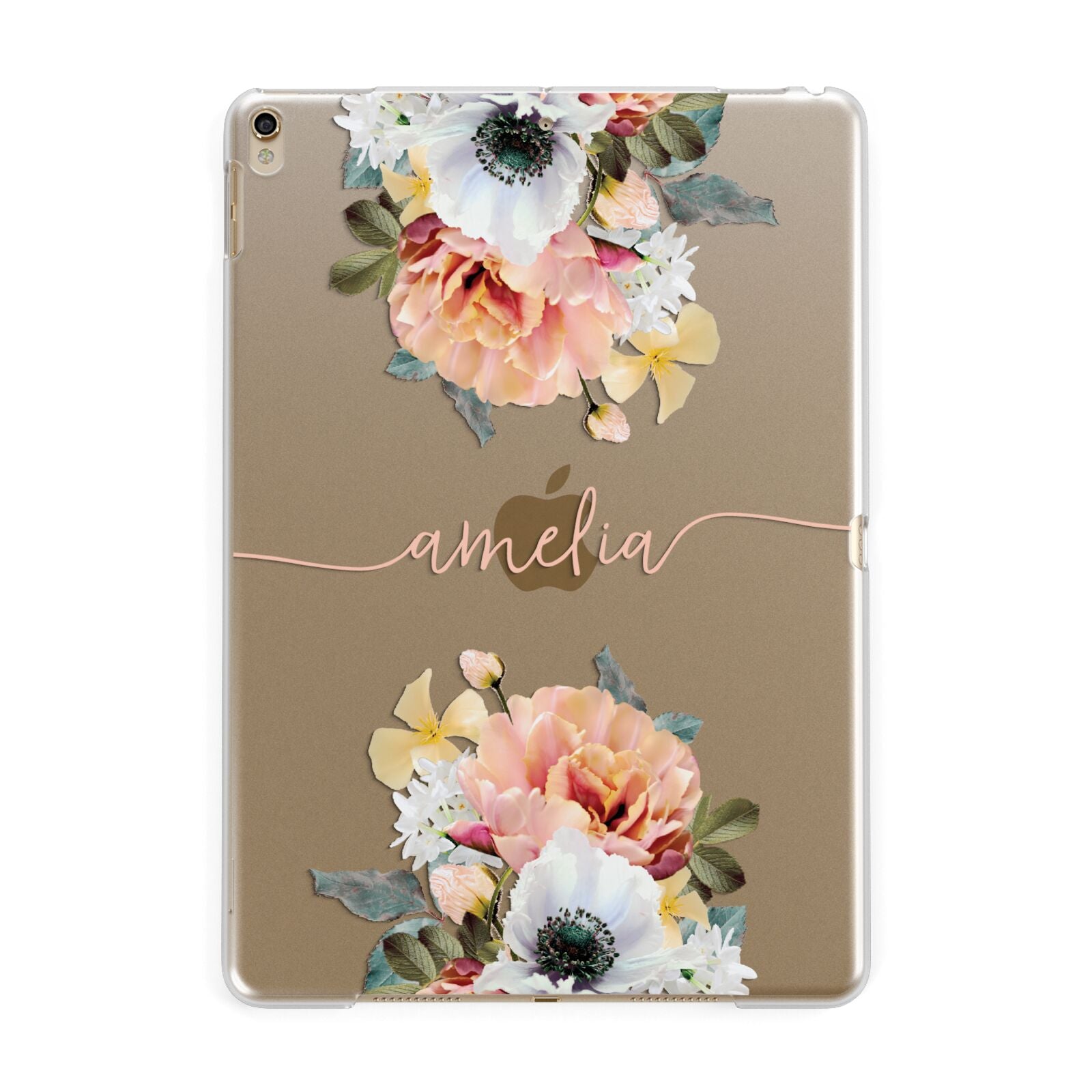 Personalised Name Clear Floral Apple iPad Gold Case