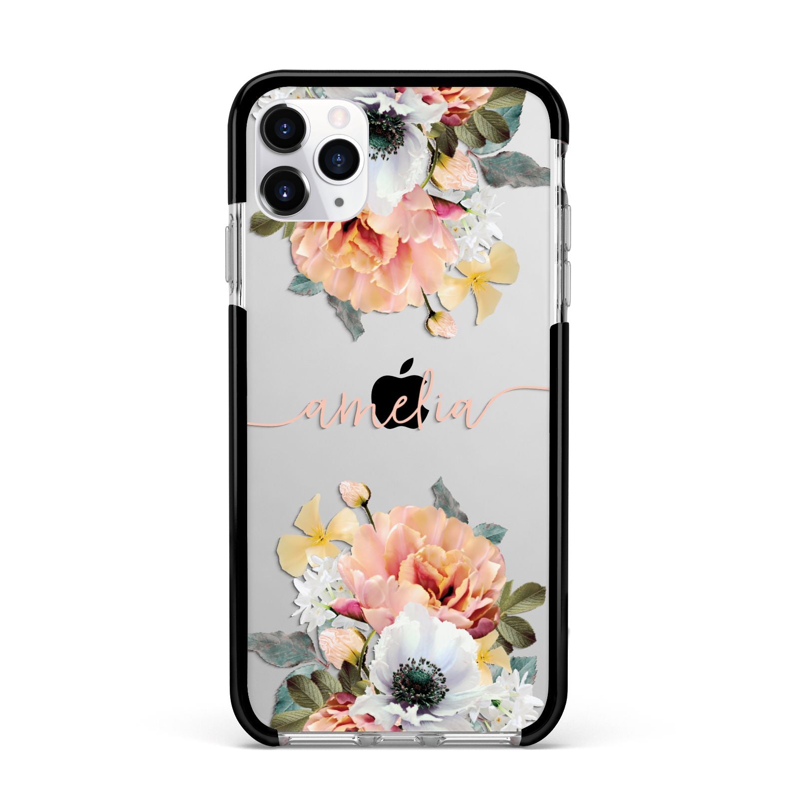 Personalised Name Clear Floral Apple iPhone 11 Pro Max in Silver with Black Impact Case
