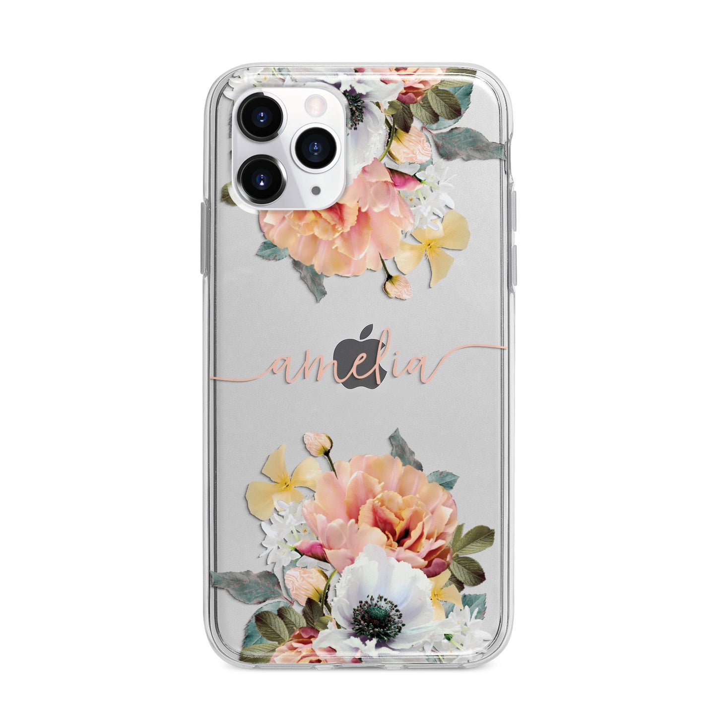 Personalised Name Clear Floral Apple iPhone 11 Pro Max in Silver with Bumper Case