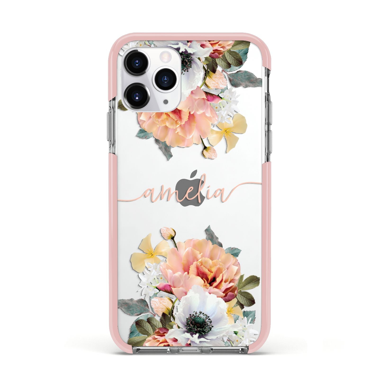 Personalised Name Clear Floral Apple iPhone 11 Pro in Silver with Pink Impact Case