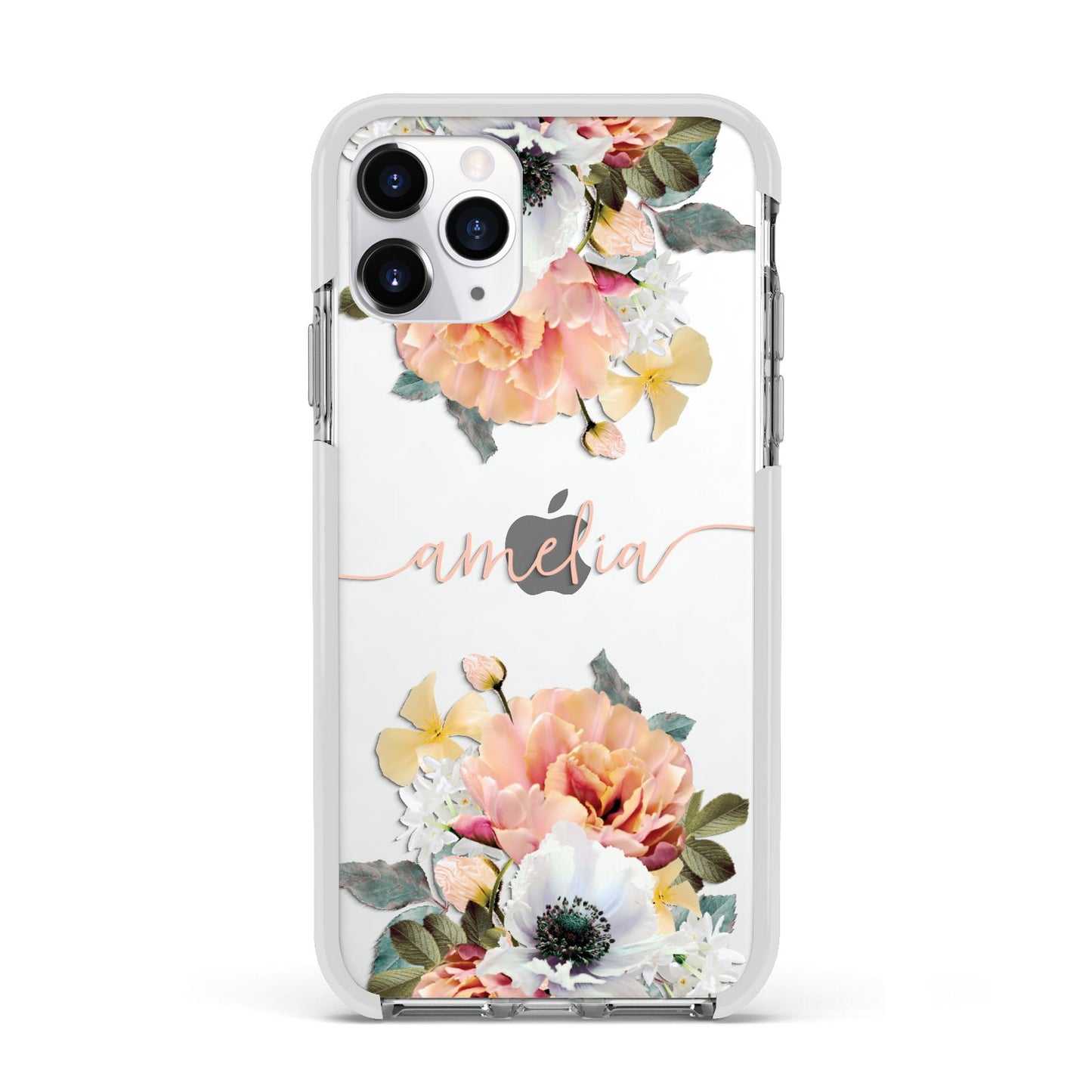 Personalised Name Clear Floral Apple iPhone 11 Pro in Silver with White Impact Case