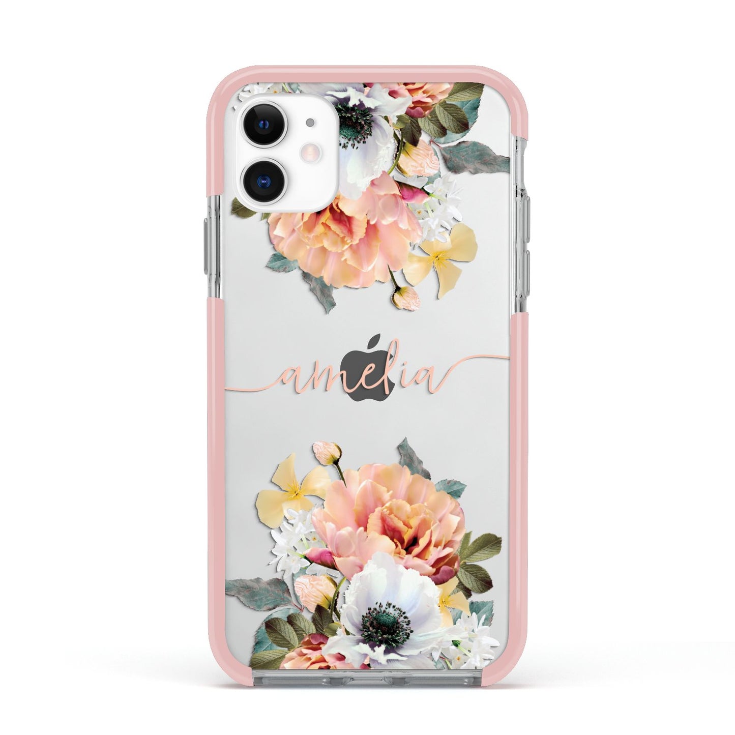 Personalised Name Clear Floral Apple iPhone 11 in White with Pink Impact Case