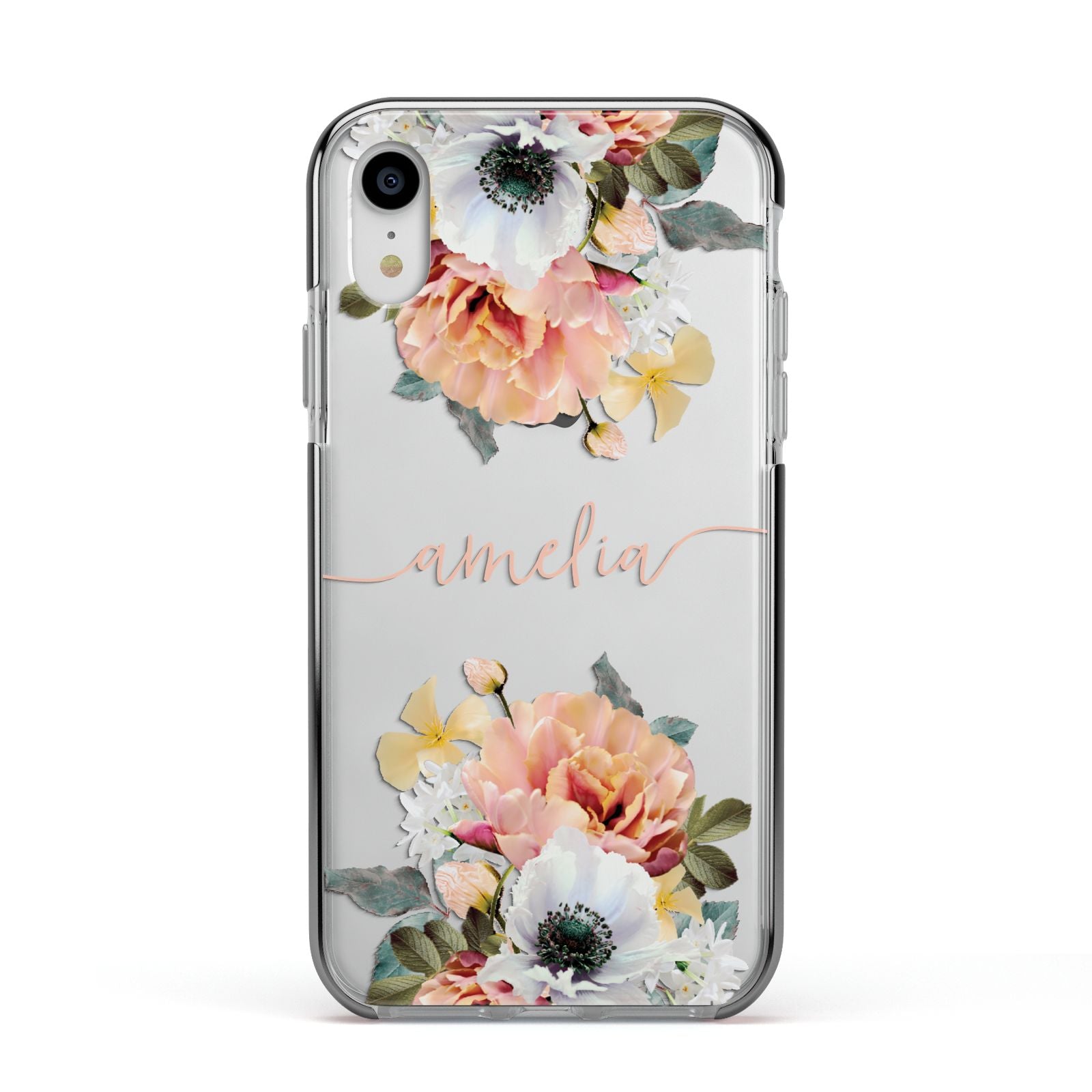 Personalised Name Clear Floral Apple iPhone XR Impact Case Black Edge on Silver Phone