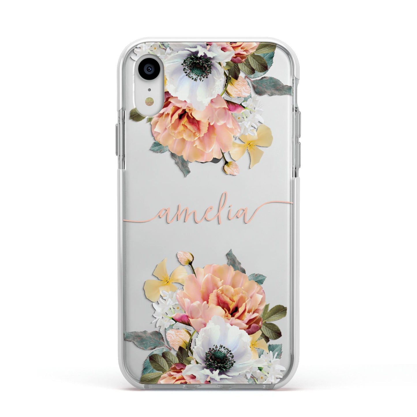 Personalised Name Clear Floral Apple iPhone XR Impact Case White Edge on Silver Phone