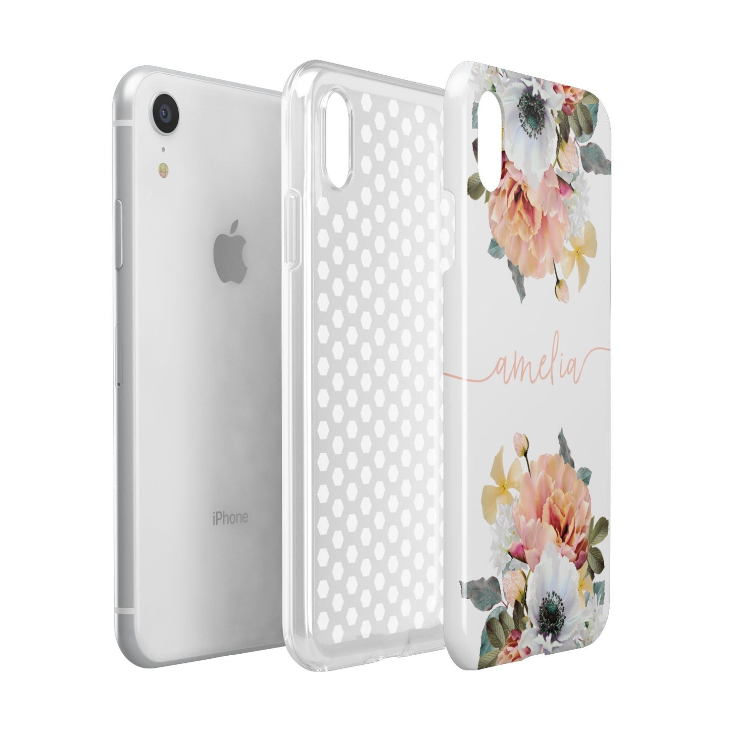 Personalised Name Clear Floral Apple iPhone XR White 3D Tough Case Expanded view