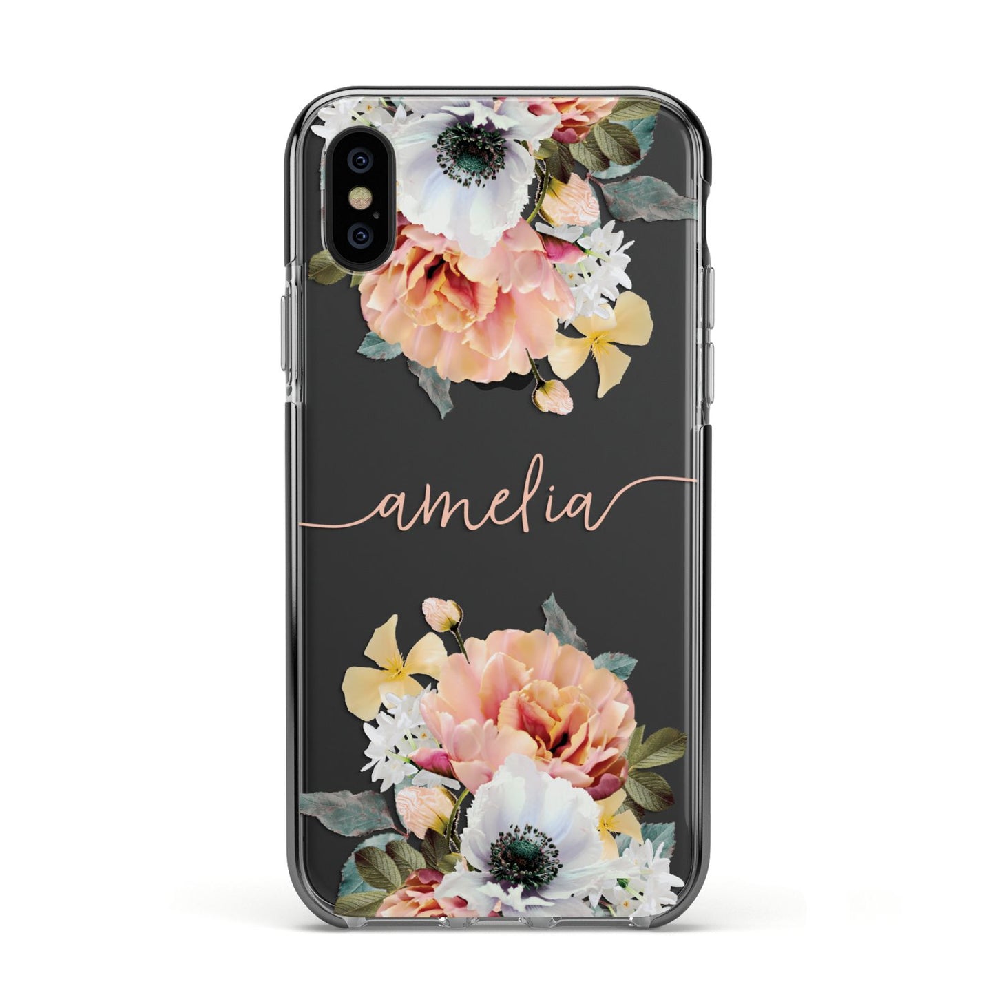 Personalised Name Clear Floral Apple iPhone Xs Impact Case Black Edge on Black Phone