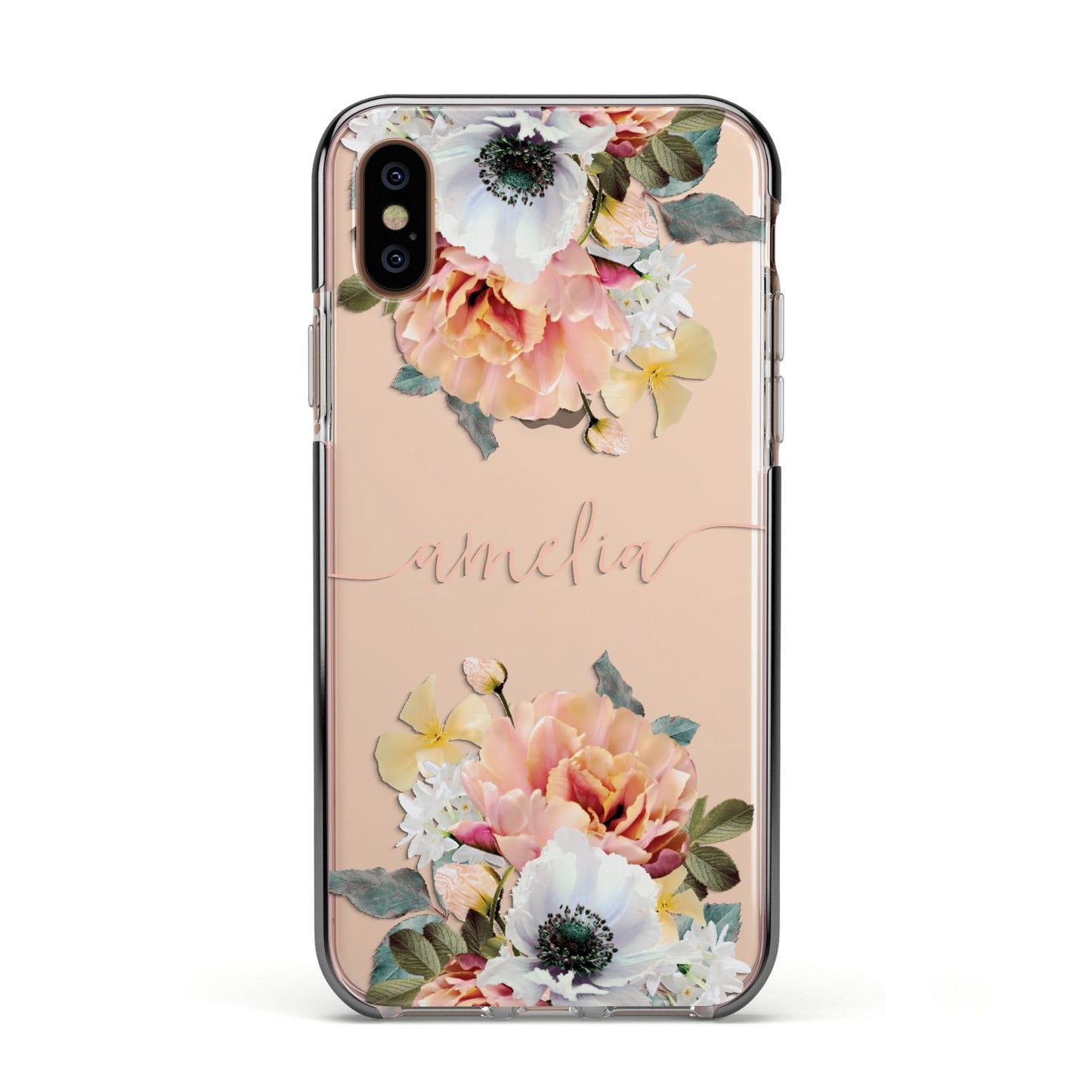 Personalised Name Clear Floral Apple iPhone Xs Impact Case Black Edge on Gold Phone