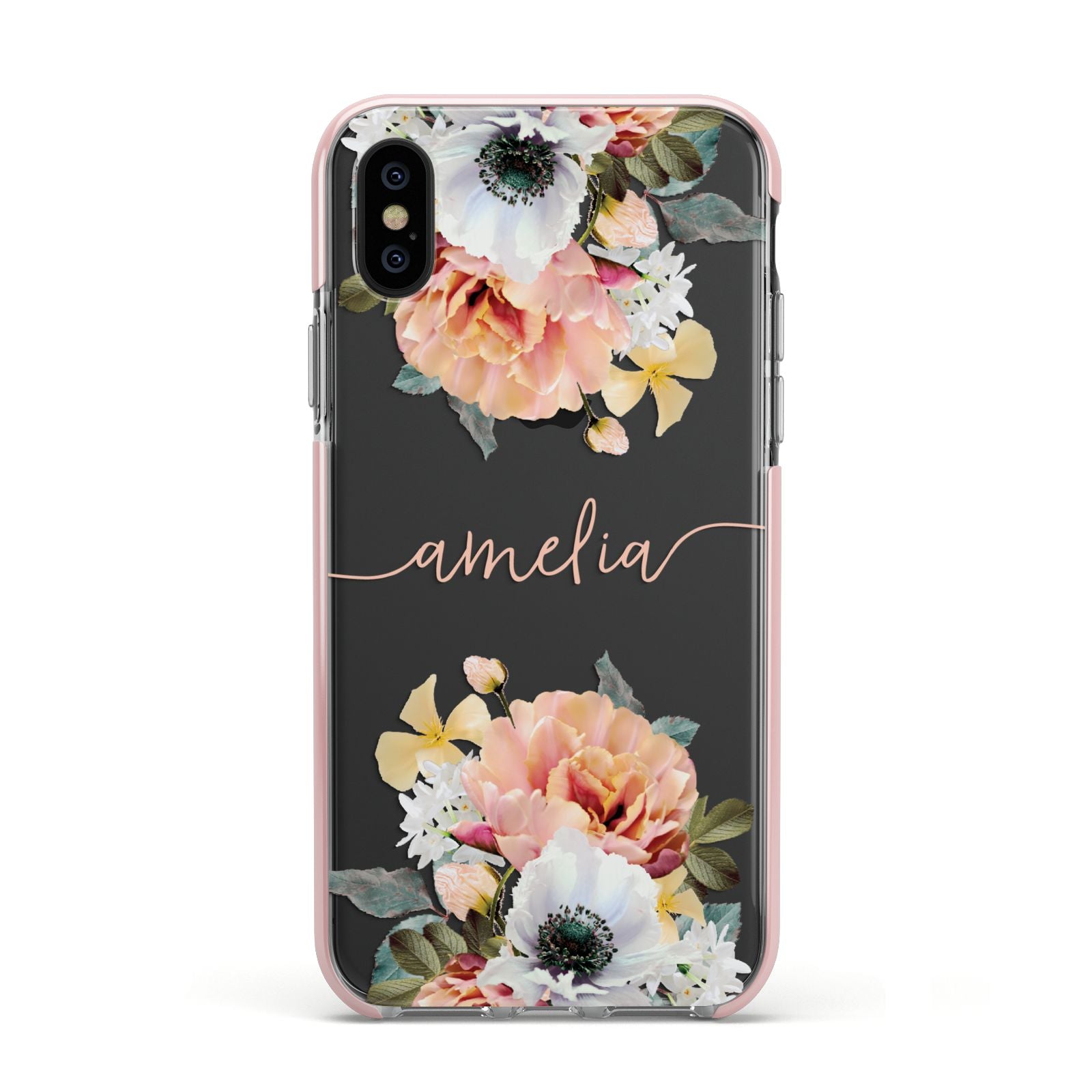 Personalised Name Clear Floral Apple iPhone Xs Impact Case Pink Edge on Black Phone