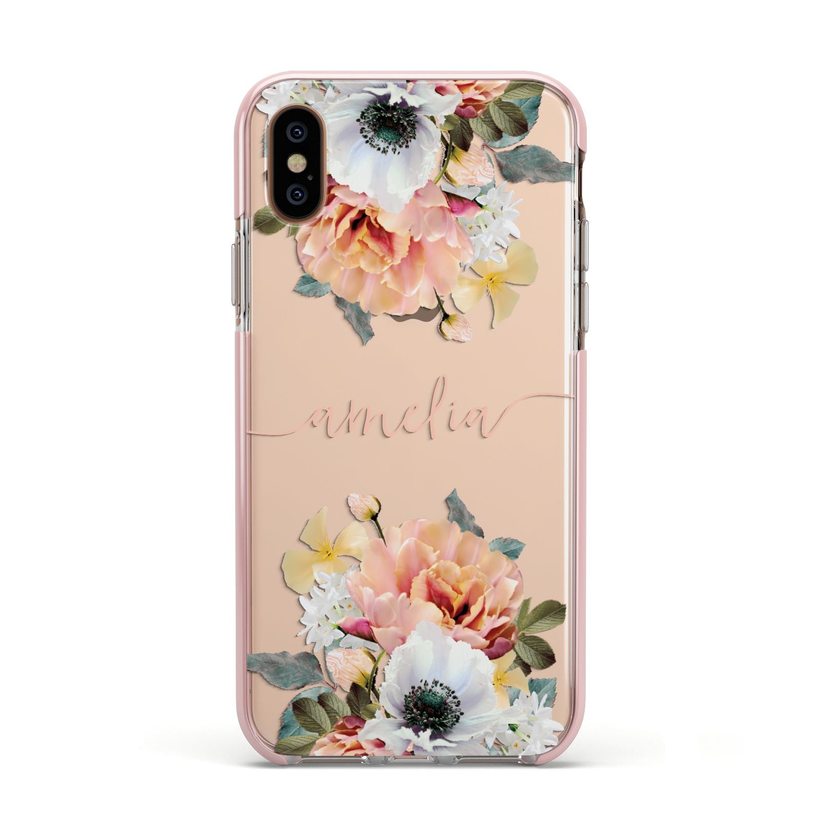 Personalised Name Clear Floral Apple iPhone Xs Impact Case Pink Edge on Gold Phone