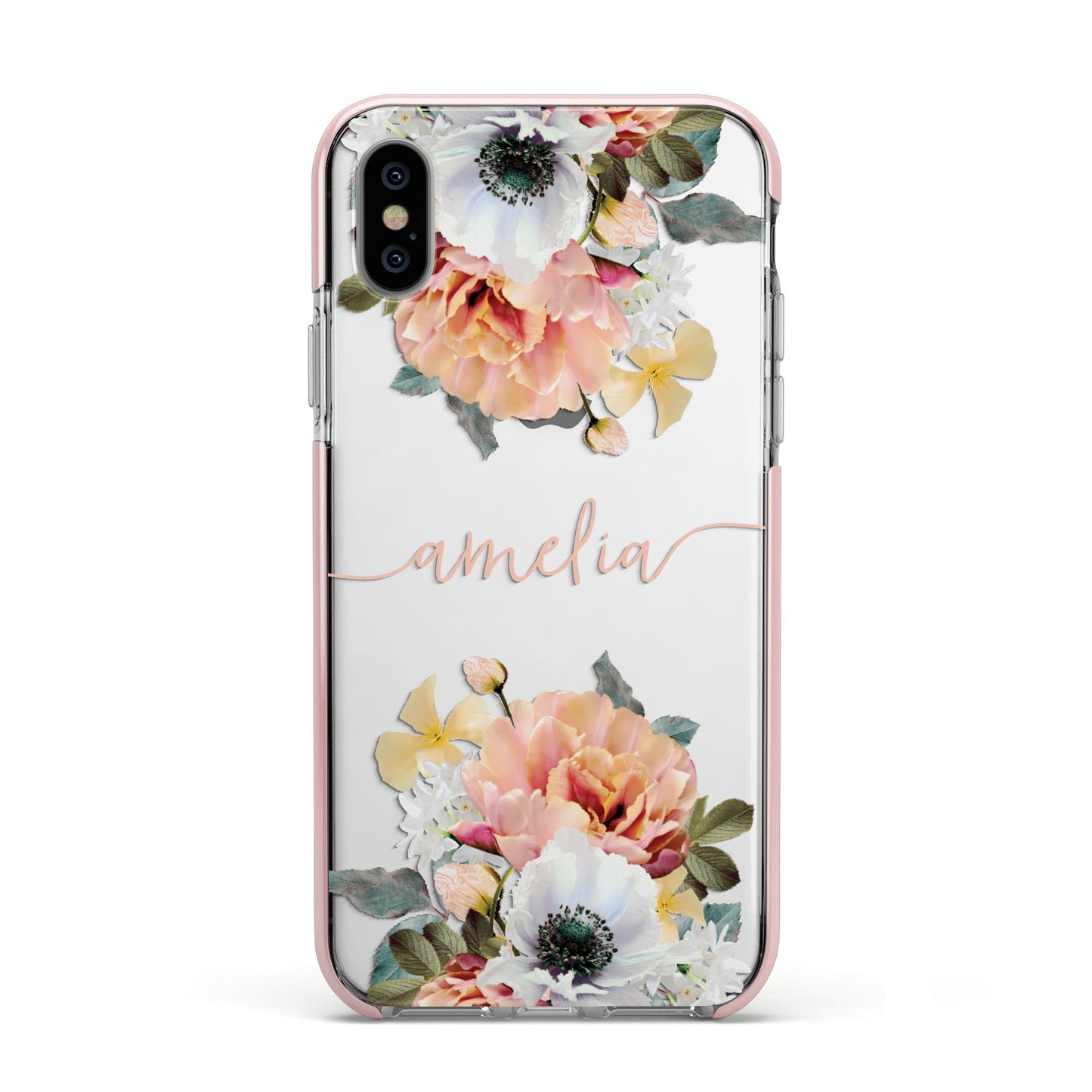 Personalised Name Clear Floral Apple iPhone Xs Impact Case Pink Edge on Silver Phone