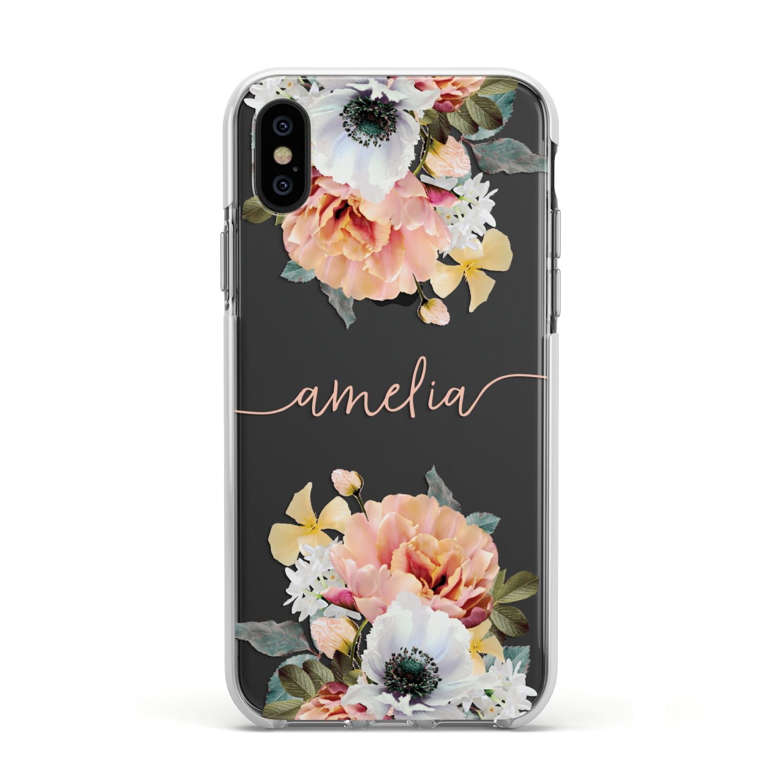 Personalised Name Clear Floral Apple iPhone Xs Impact Case White Edge on Black Phone