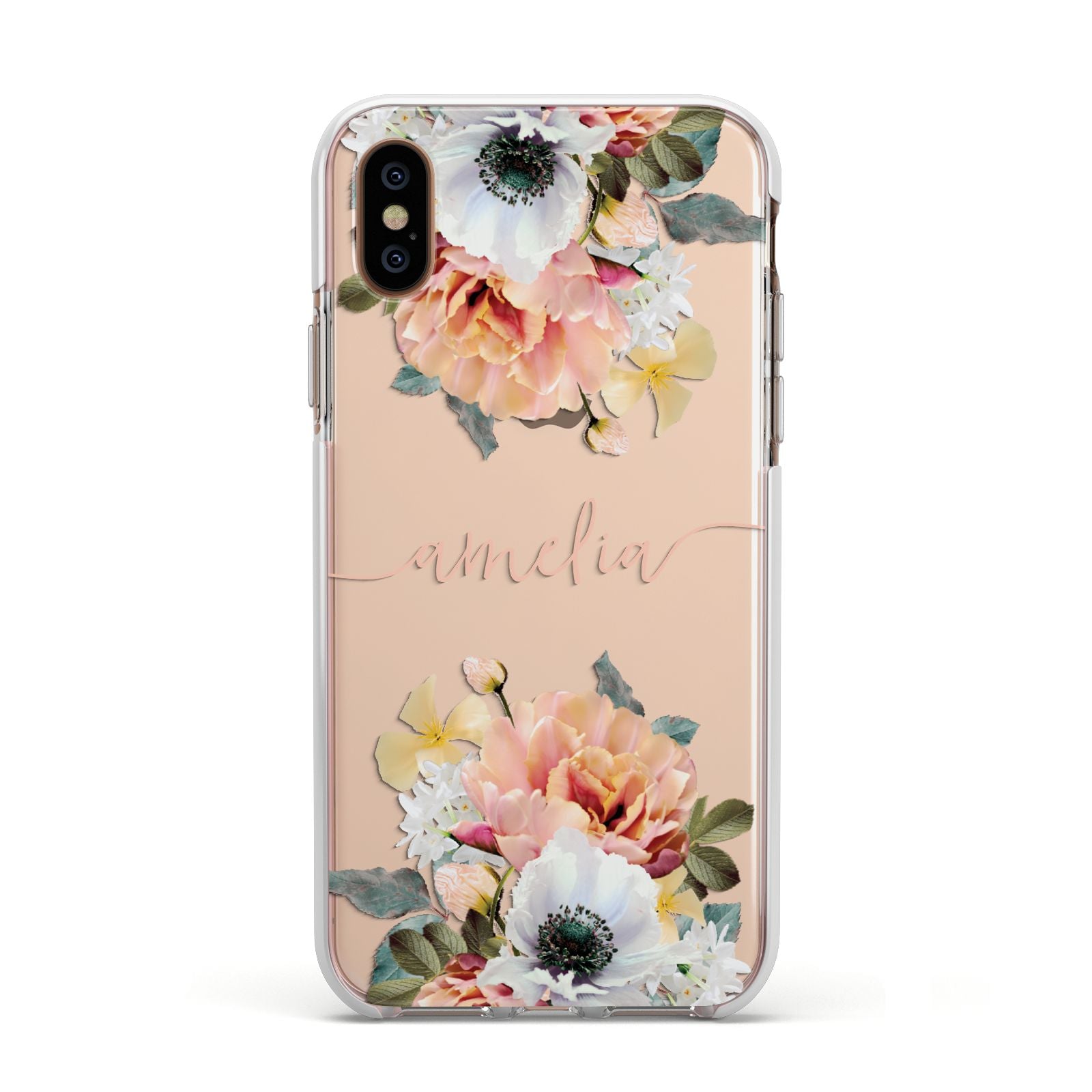 Personalised Name Clear Floral Apple iPhone Xs Impact Case White Edge on Gold Phone