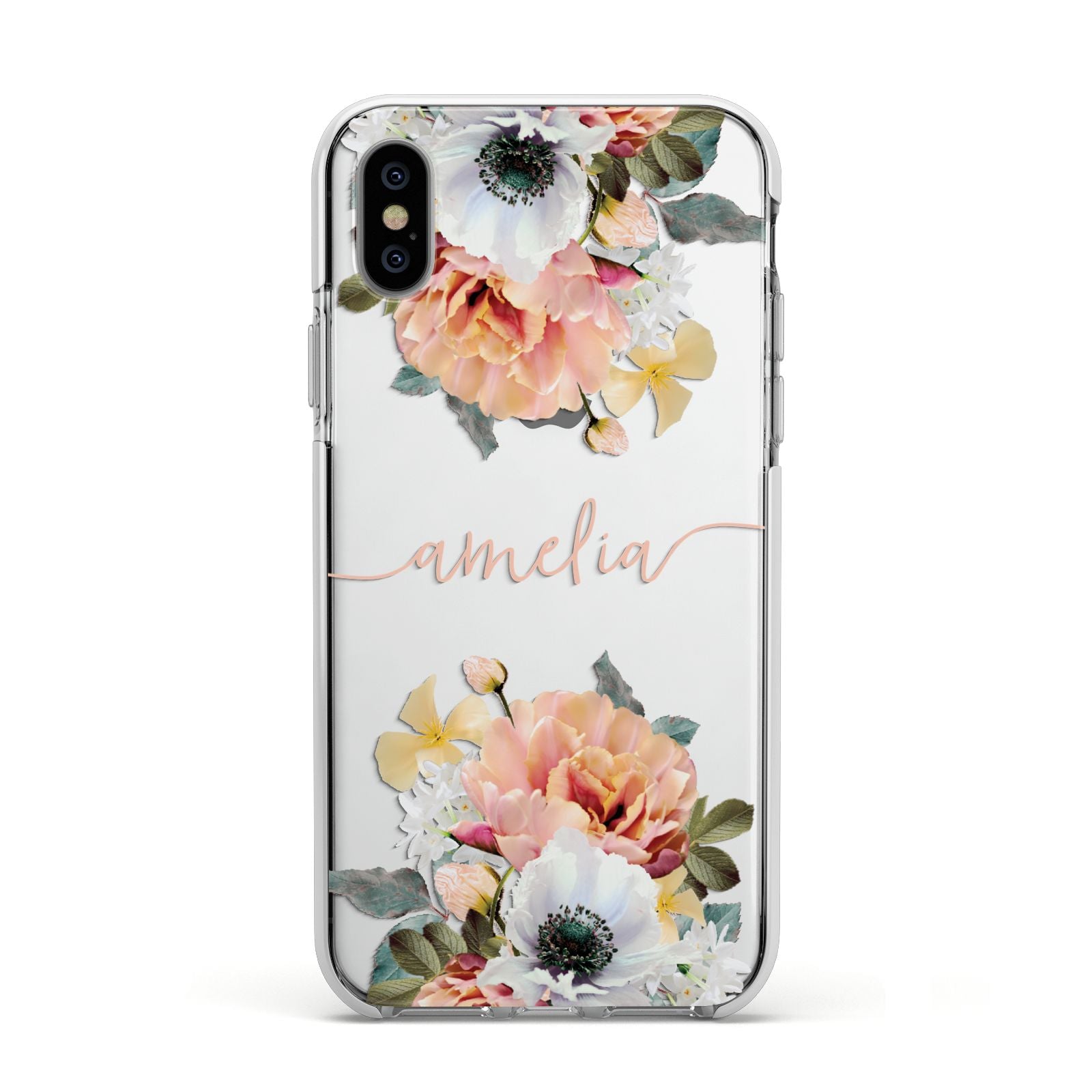 Personalised Name Clear Floral Apple iPhone Xs Impact Case White Edge on Silver Phone