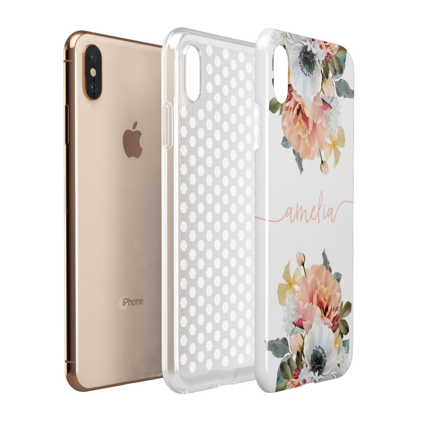 Personalised Name Clear Floral Apple iPhone Xs Max 3D Tough Case Expanded View