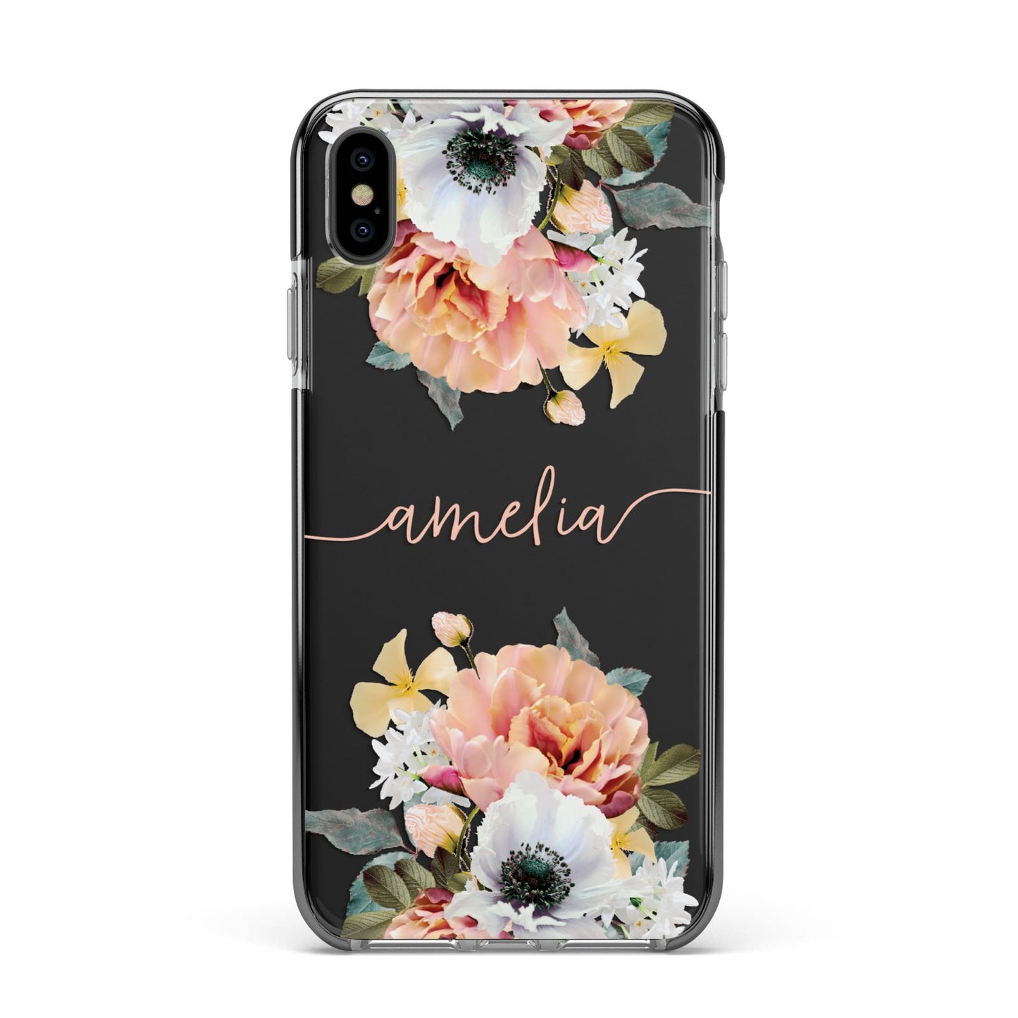 Personalised Name Clear Floral Apple iPhone Xs Max Impact Case Black Edge on Black Phone