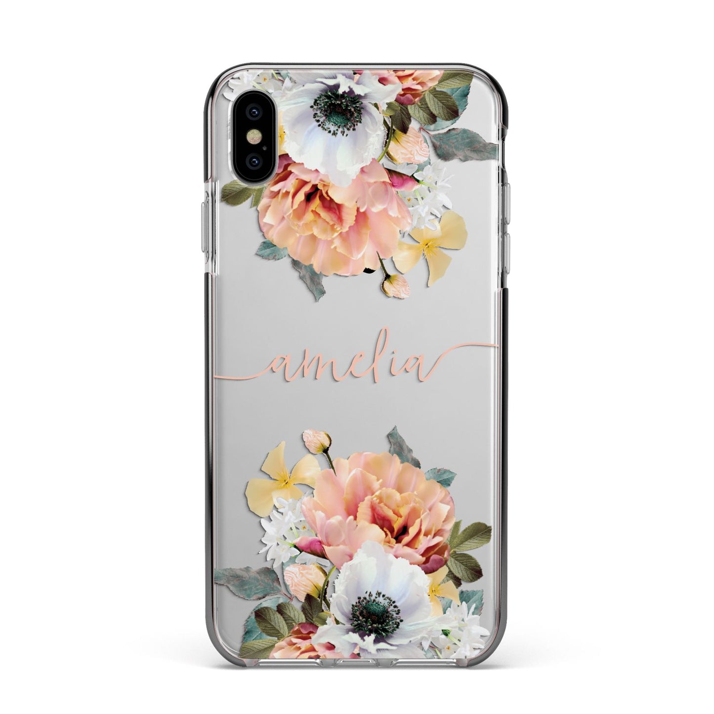 Personalised Name Clear Floral Apple iPhone Xs Max Impact Case Black Edge on Silver Phone