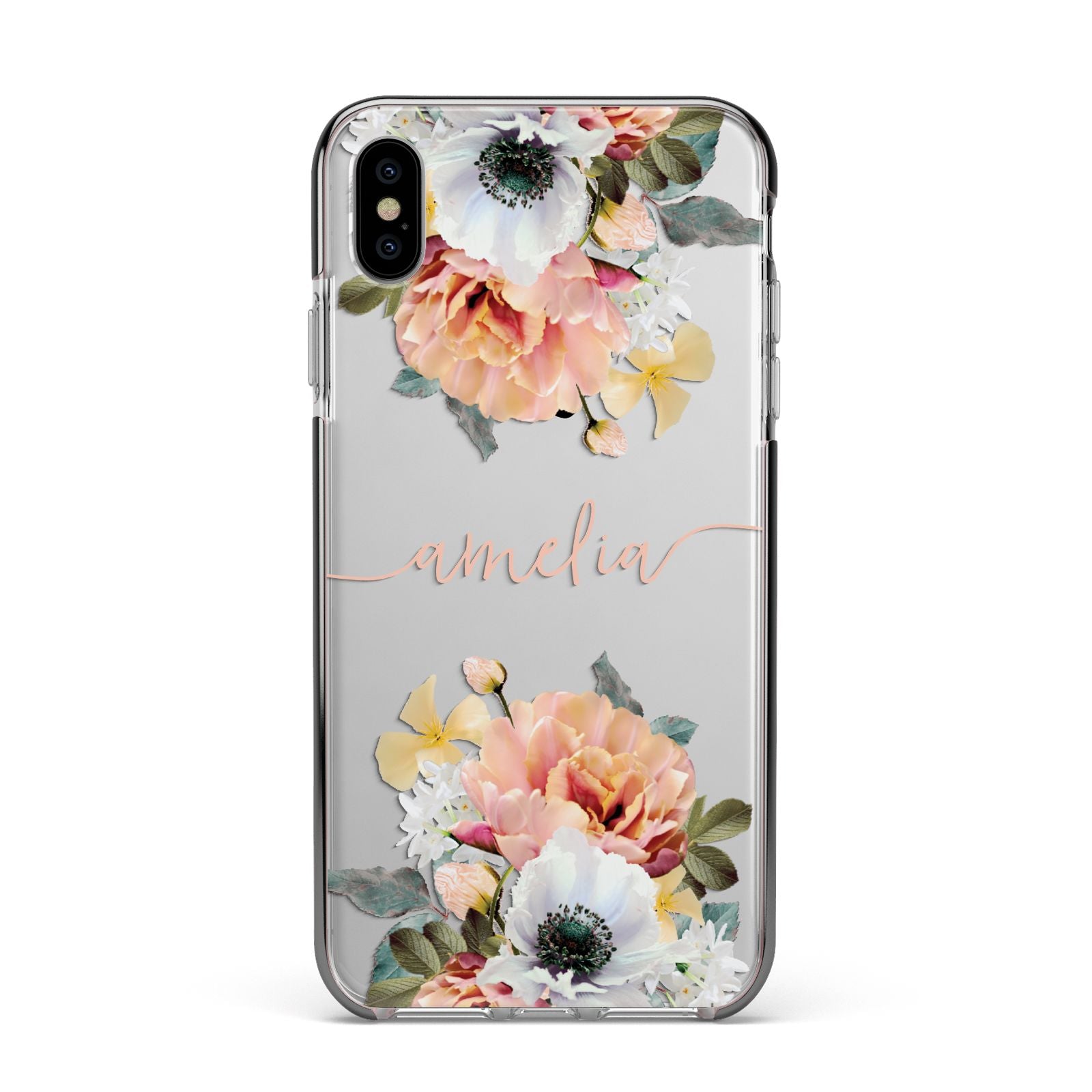 Personalised Name Clear Floral Apple iPhone Xs Max Impact Case Black Edge on Silver Phone