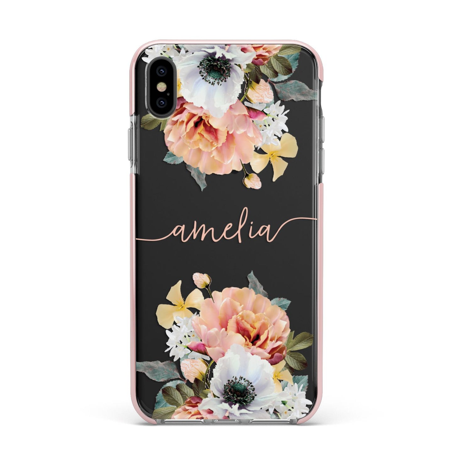 Personalised Name Clear Floral Apple iPhone Xs Max Impact Case Pink Edge on Black Phone