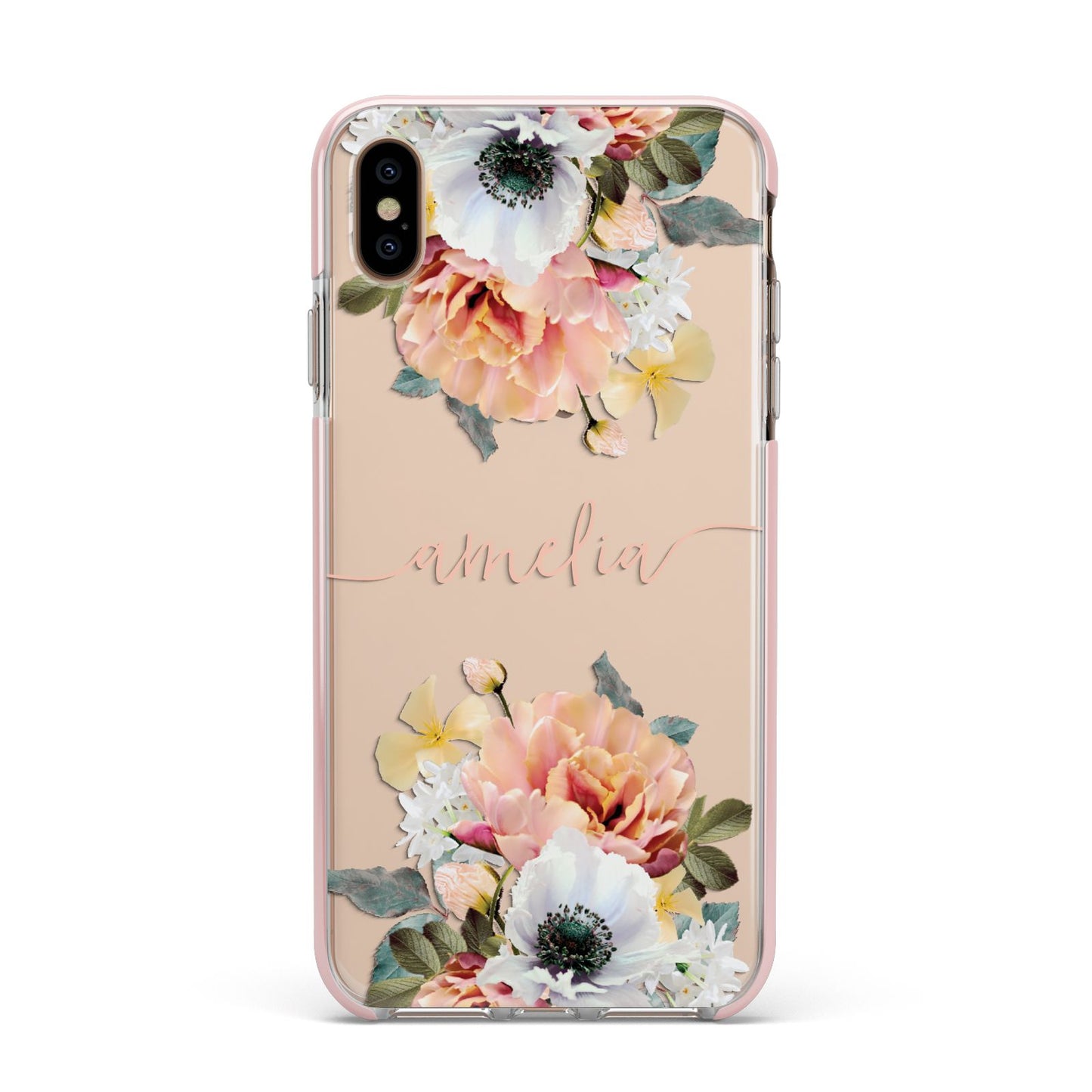 Personalised Name Clear Floral Apple iPhone Xs Max Impact Case Pink Edge on Gold Phone