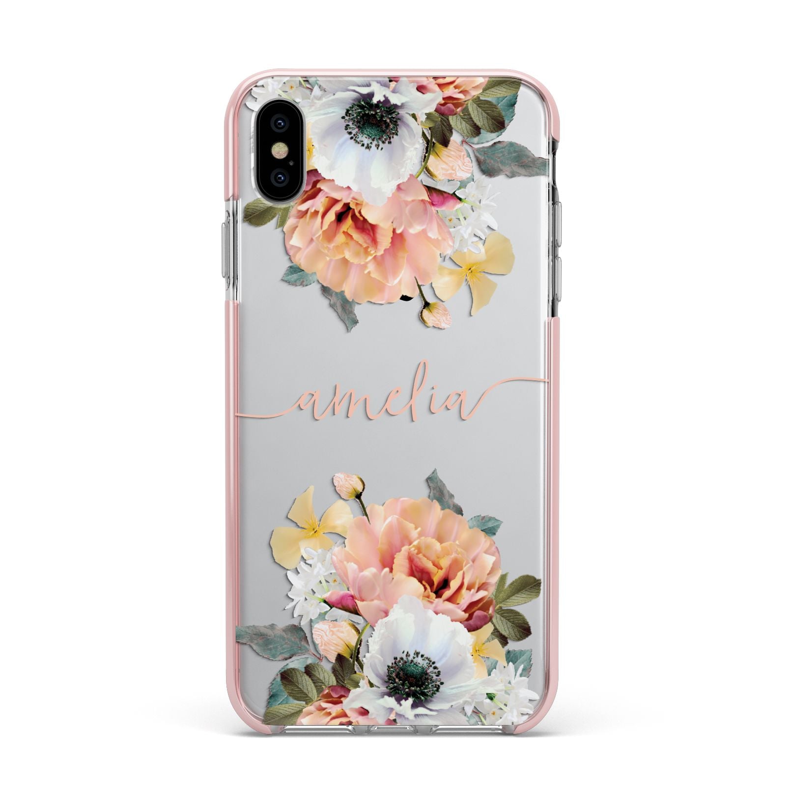 Personalised Name Clear Floral Apple iPhone Xs Max Impact Case Pink Edge on Silver Phone