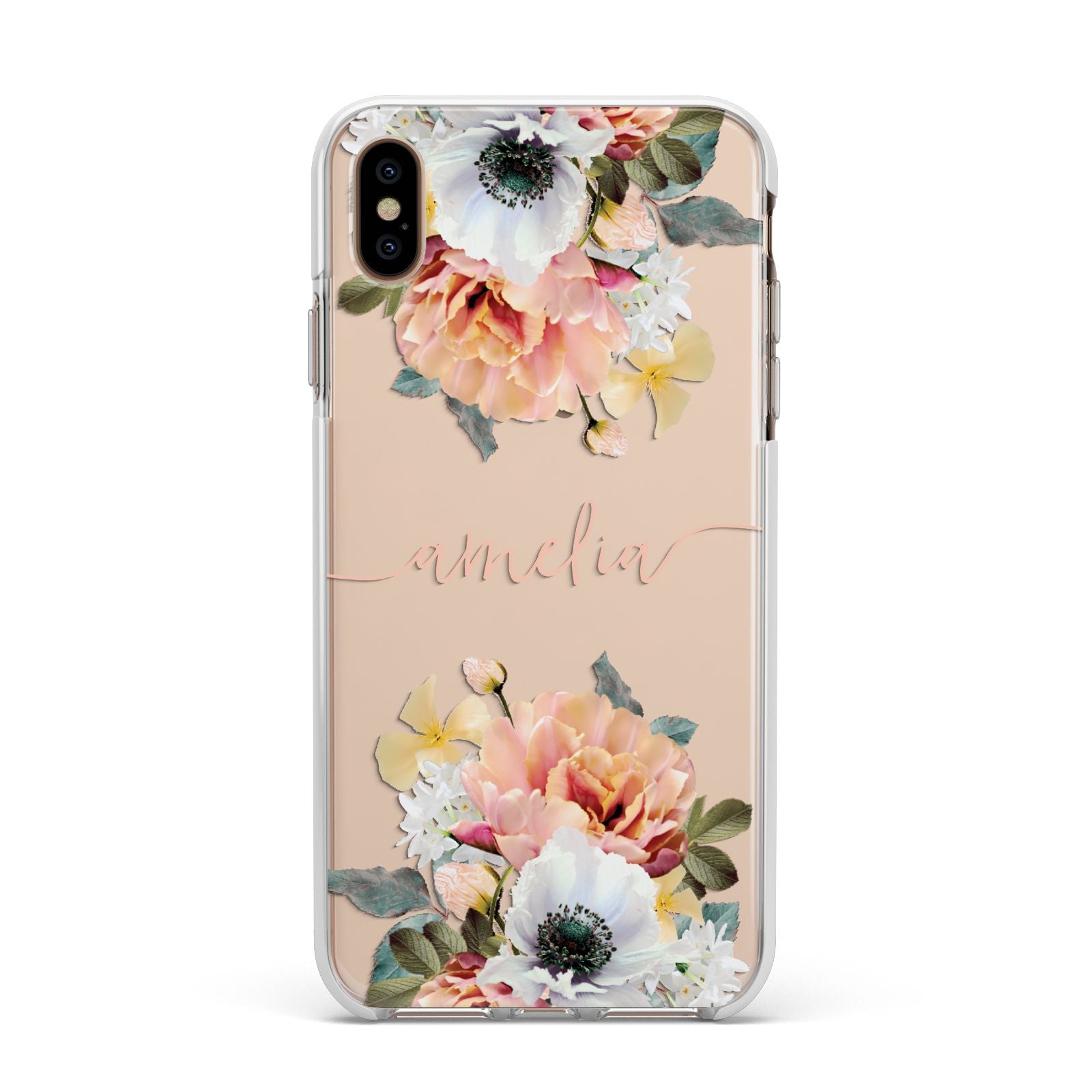 Personalised Name Clear Floral Apple iPhone Xs Max Impact Case White Edge on Gold Phone