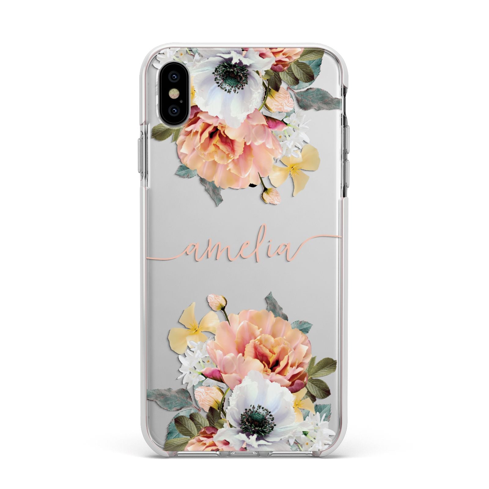 Personalised Name Clear Floral Apple iPhone Xs Max Impact Case White Edge on Silver Phone