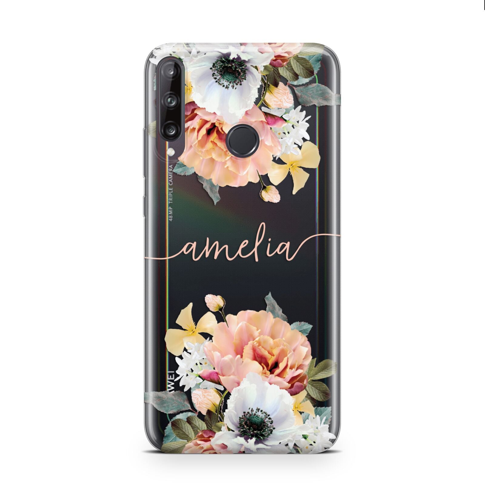Personalised Name Clear Floral Huawei P40 Lite E Phone Case
