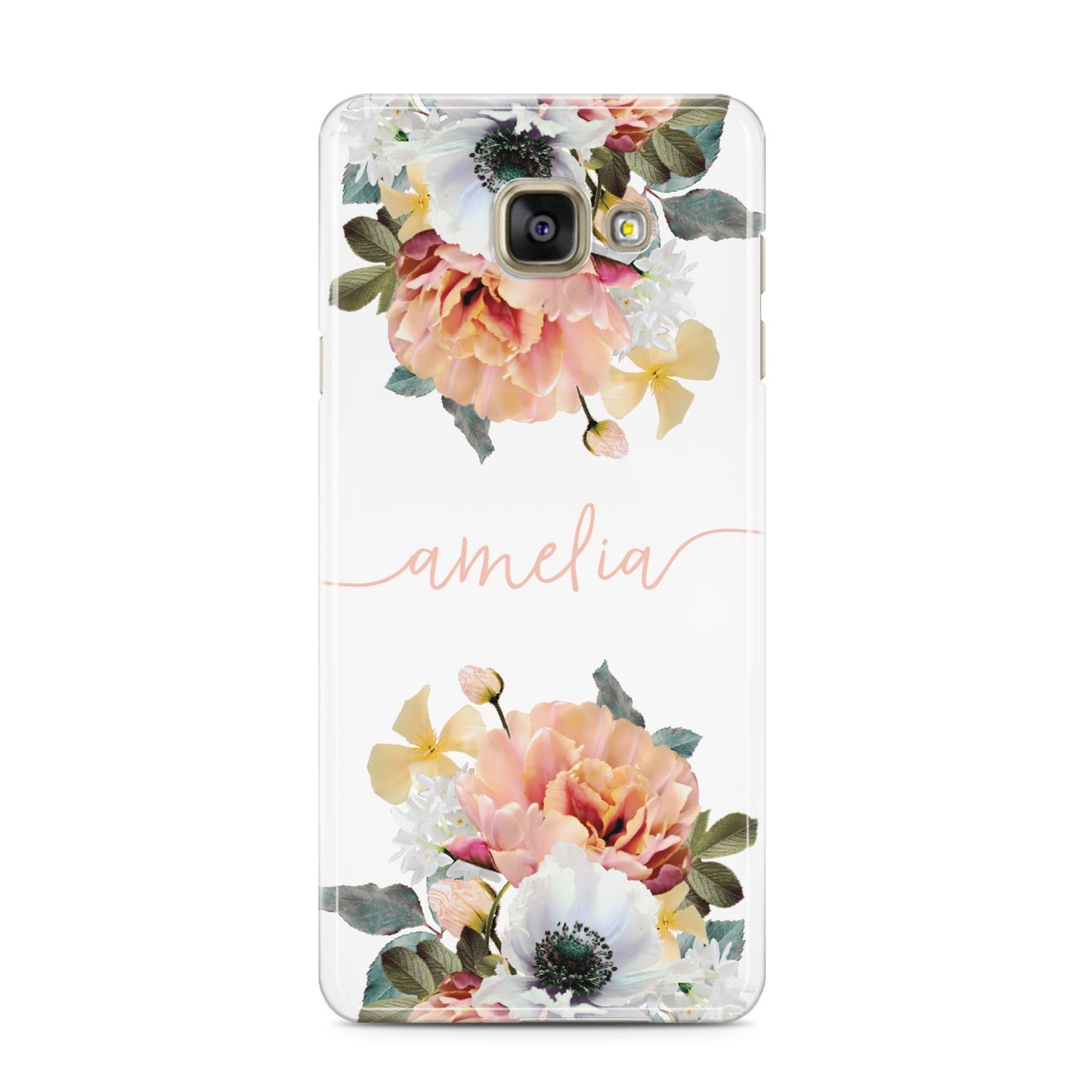 Personalised Name Clear Floral Samsung Galaxy A3 2016 Case on gold phone