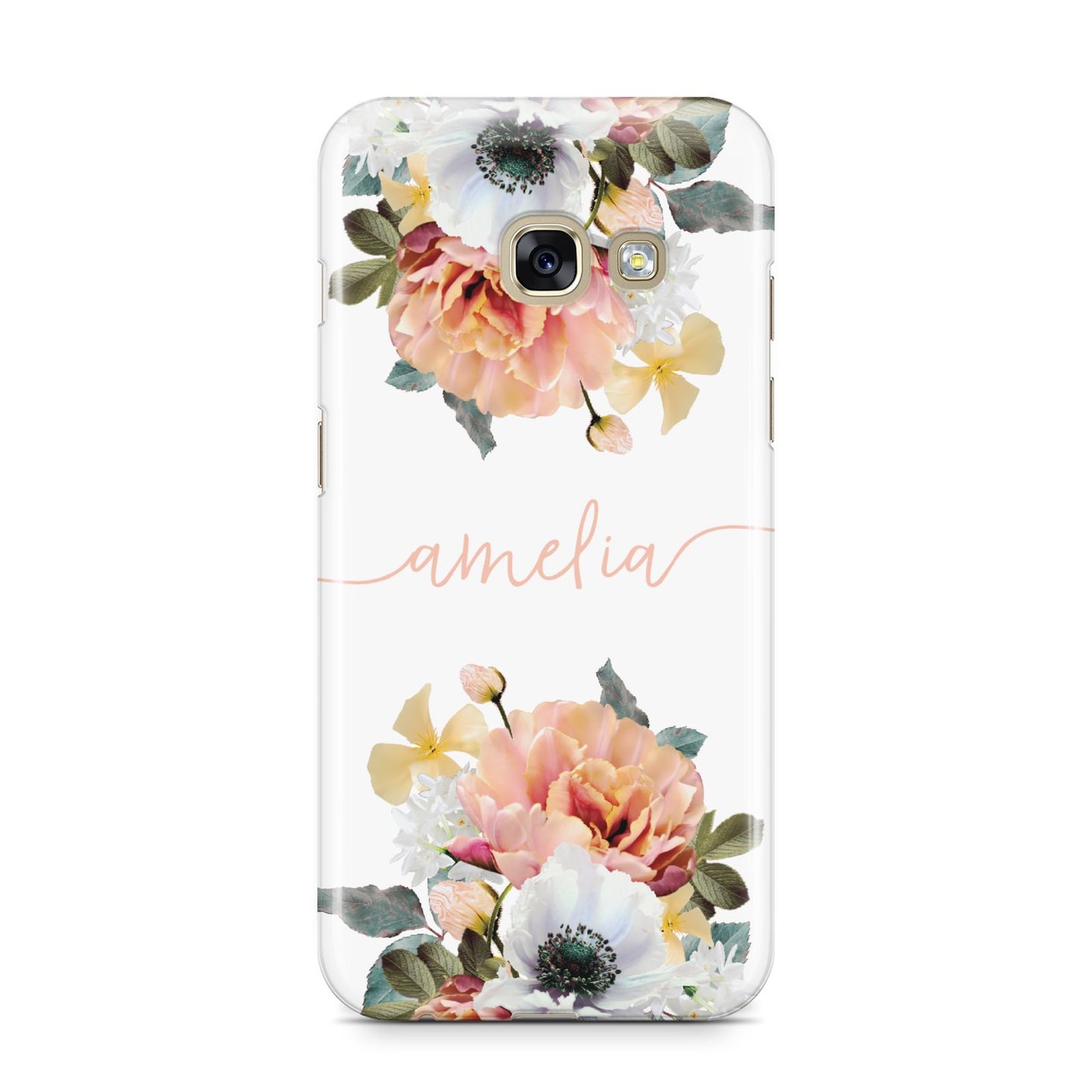 Personalised Name Clear Floral Samsung Galaxy A3 2017 Case on gold phone