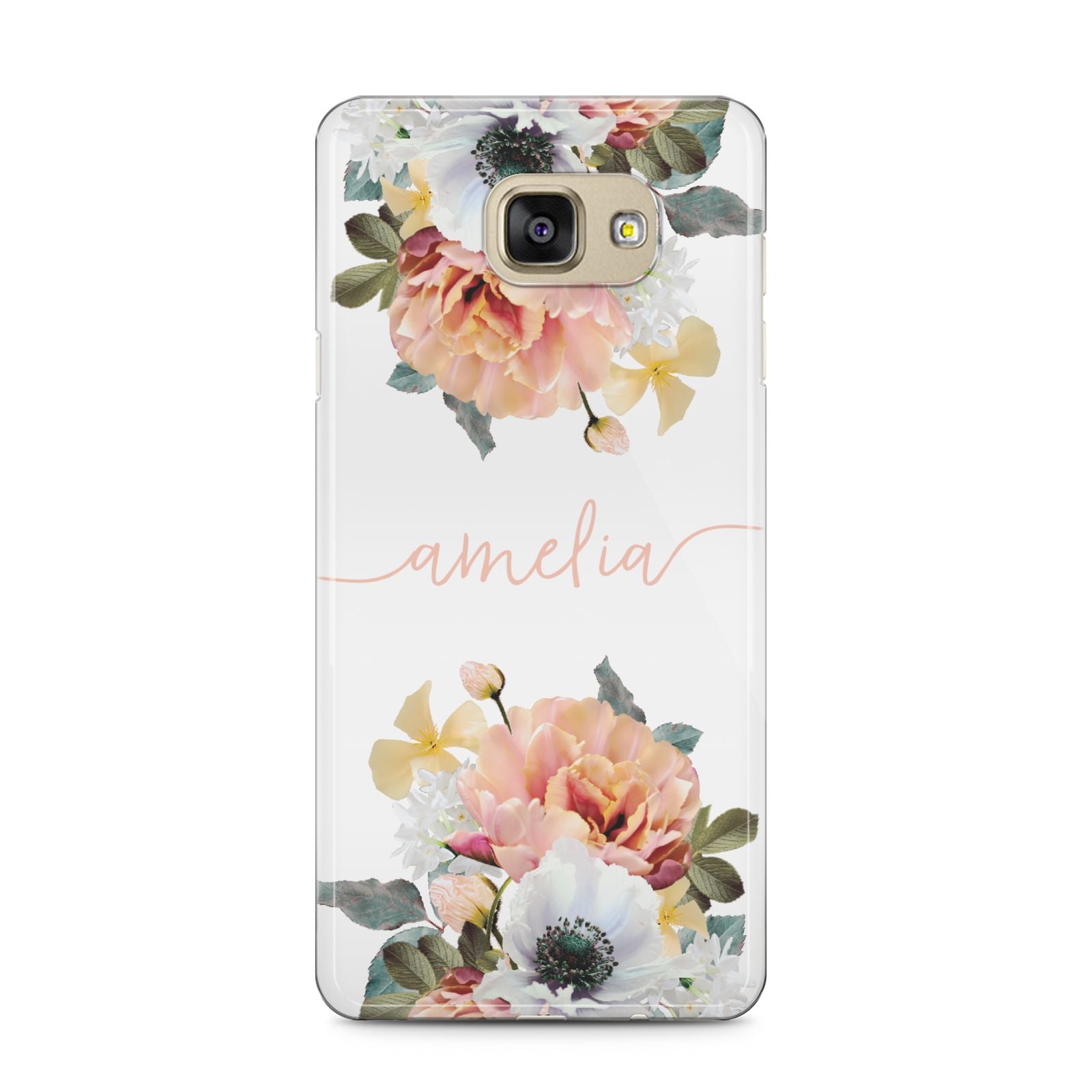 Personalised Name Clear Floral Samsung Galaxy A5 2016 Case on gold phone