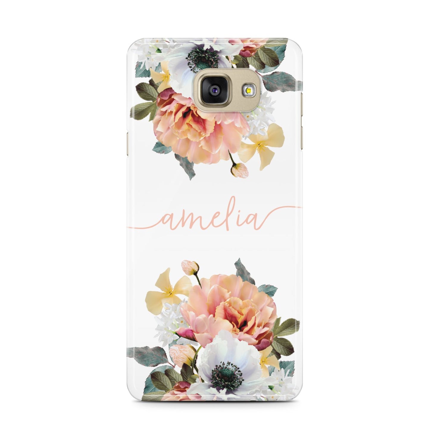 Personalised Name Clear Floral Samsung Galaxy A7 2016 Case on gold phone