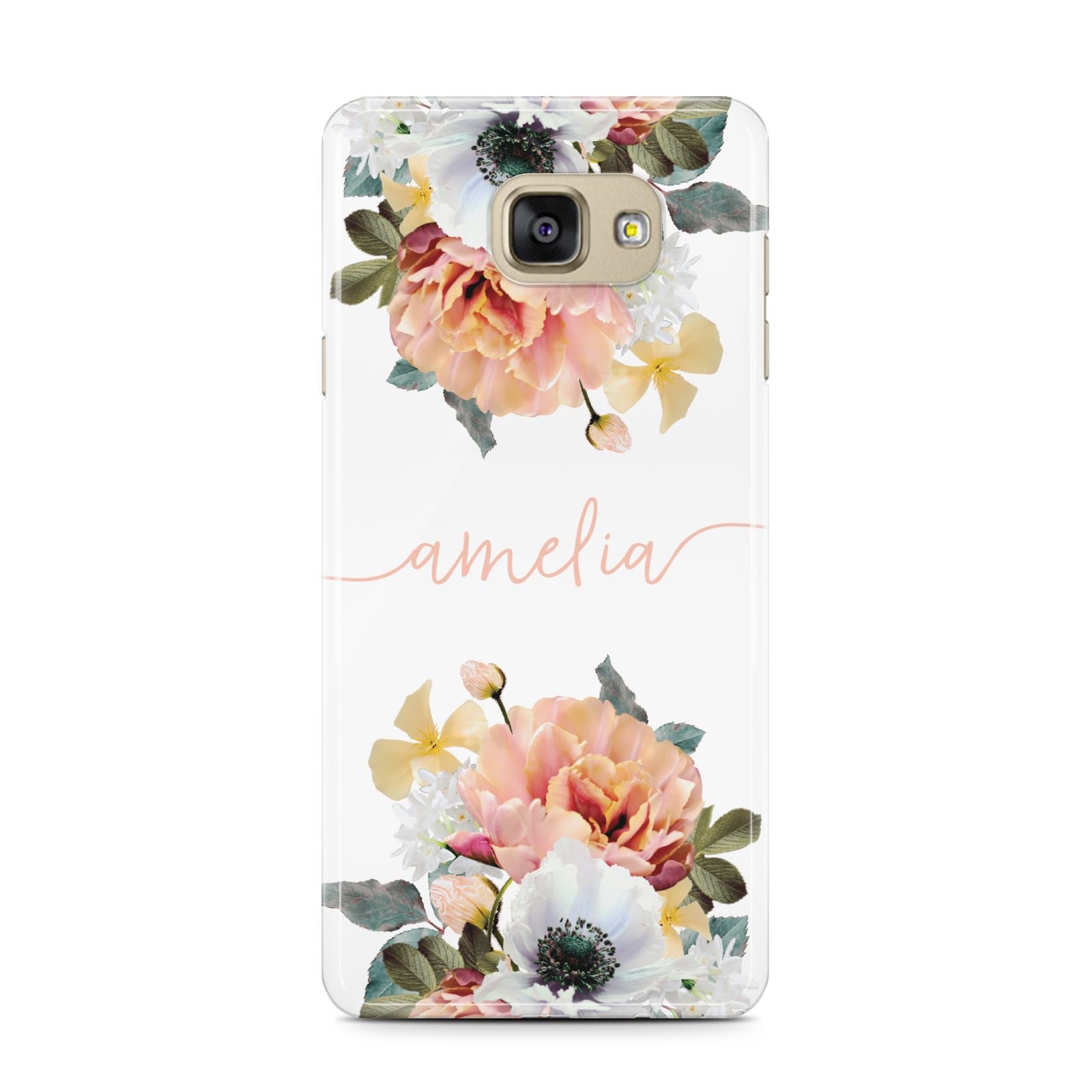 Personalised Name Clear Floral Samsung Galaxy A7 2016 Case on gold phone
