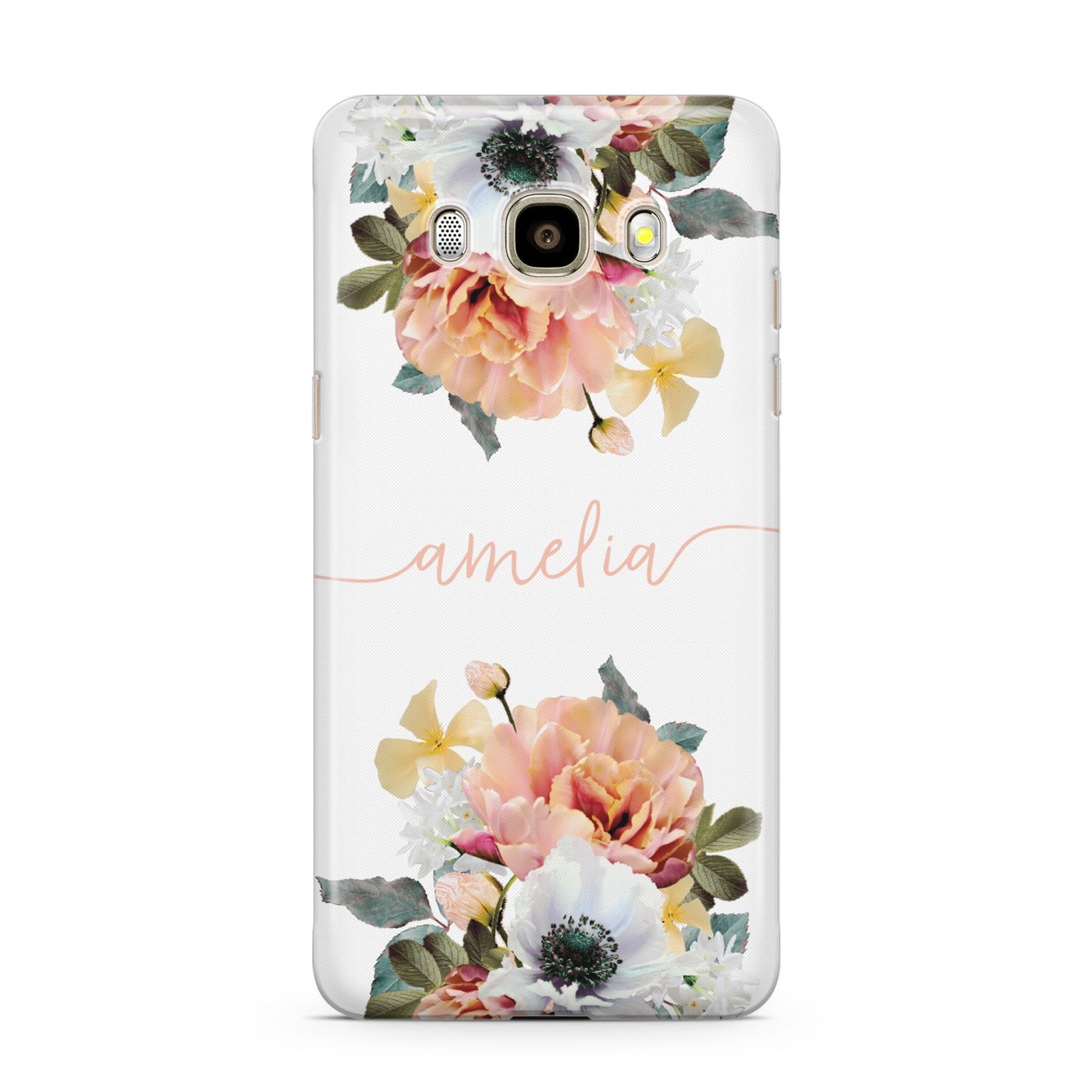 Personalised Name Clear Floral Samsung Galaxy J7 2016 Case on gold phone