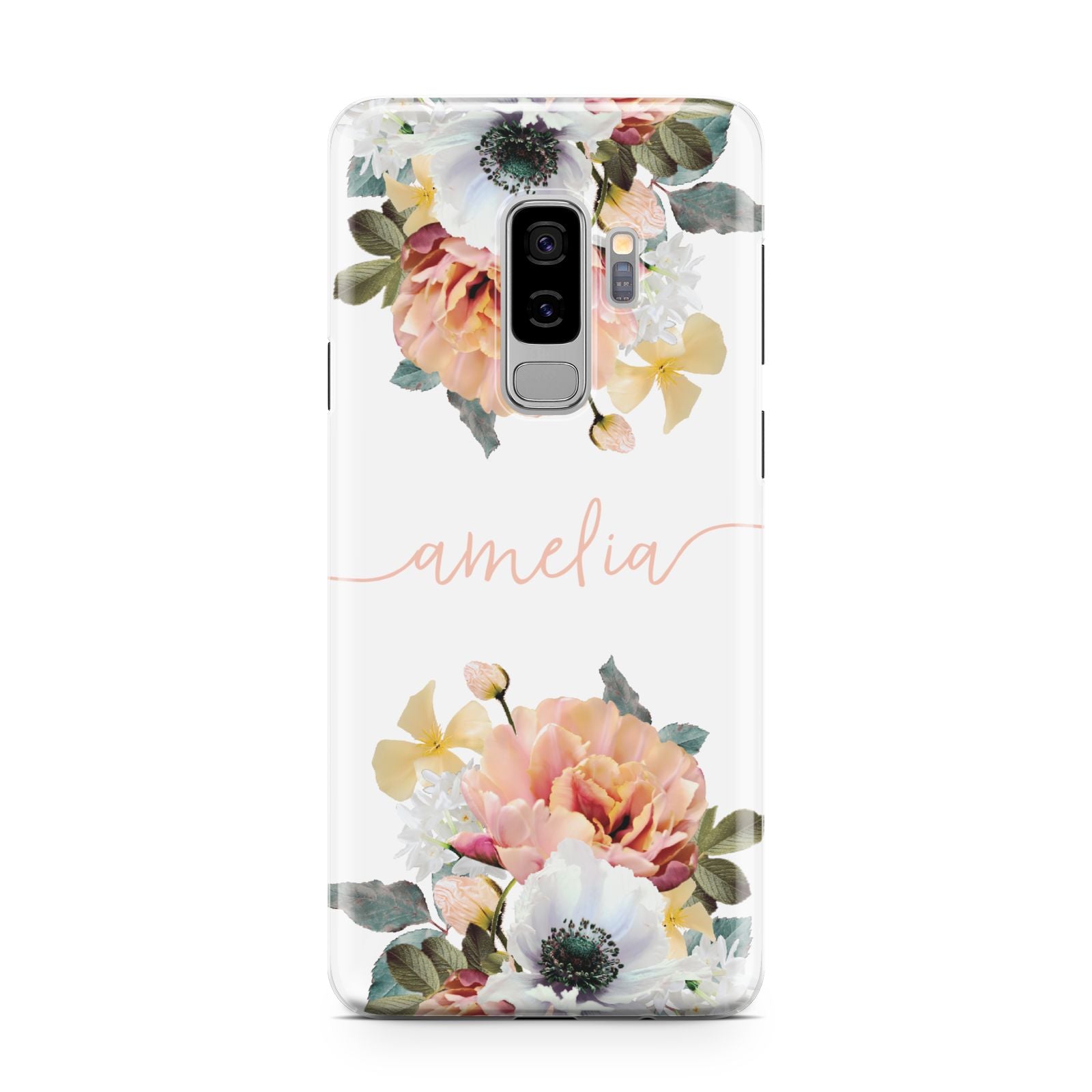 Personalised Name Clear Floral Samsung Galaxy S9 Plus Case on Silver phone