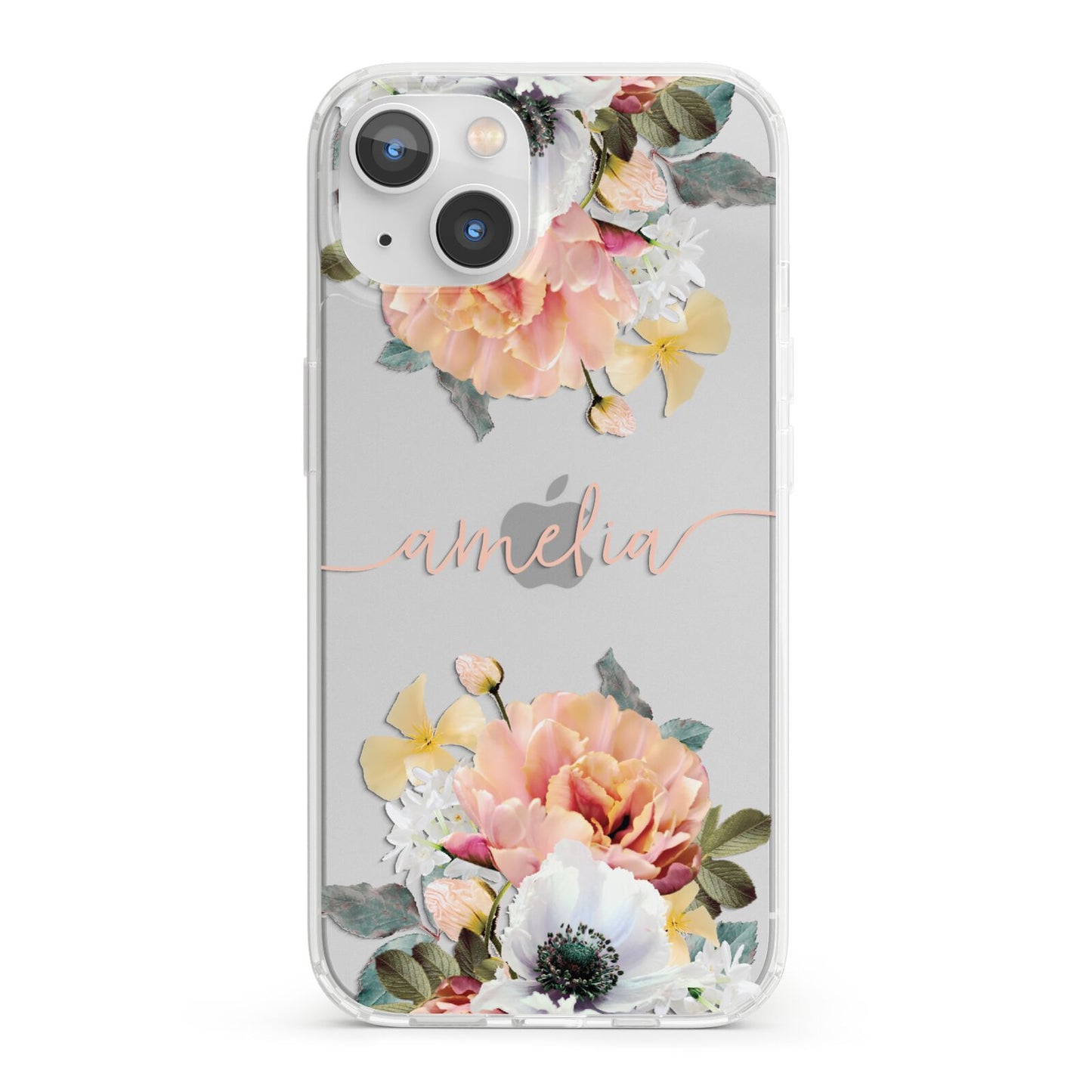 Personalised Name Clear Floral iPhone 13 Clear Bumper Case