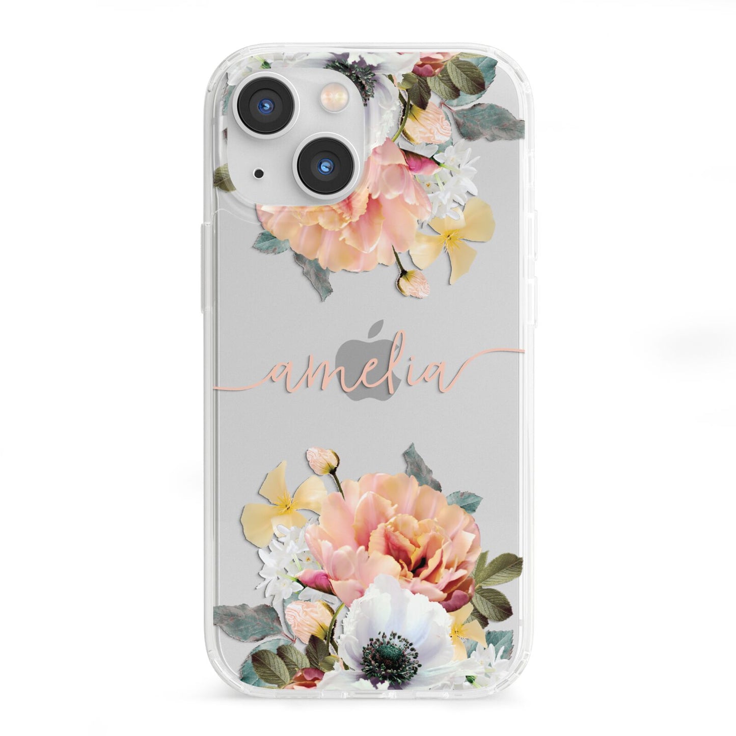 Personalised Name Clear Floral iPhone 13 Mini Clear Bumper Case