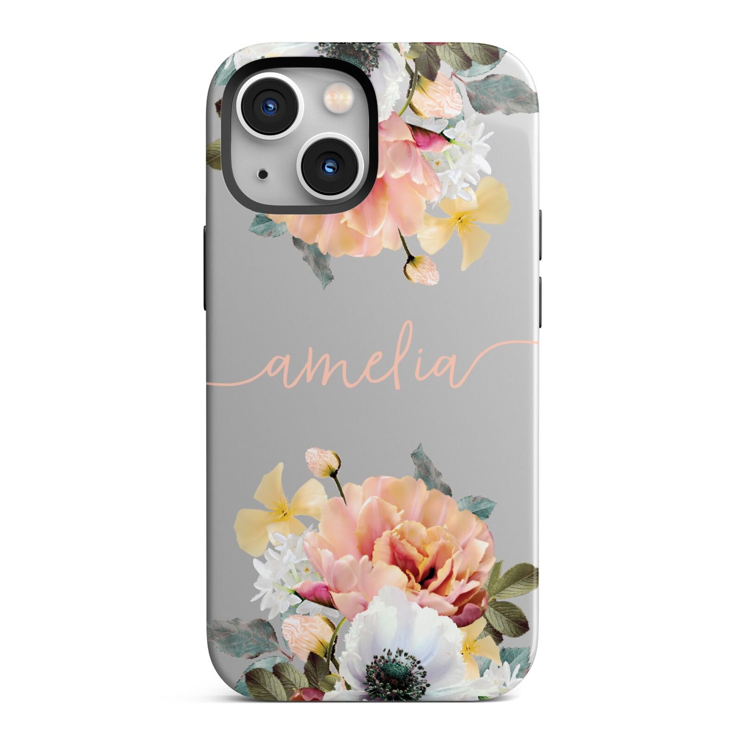 Personalised Name Clear Floral iPhone 13 Mini Full Wrap 3D Tough Case
