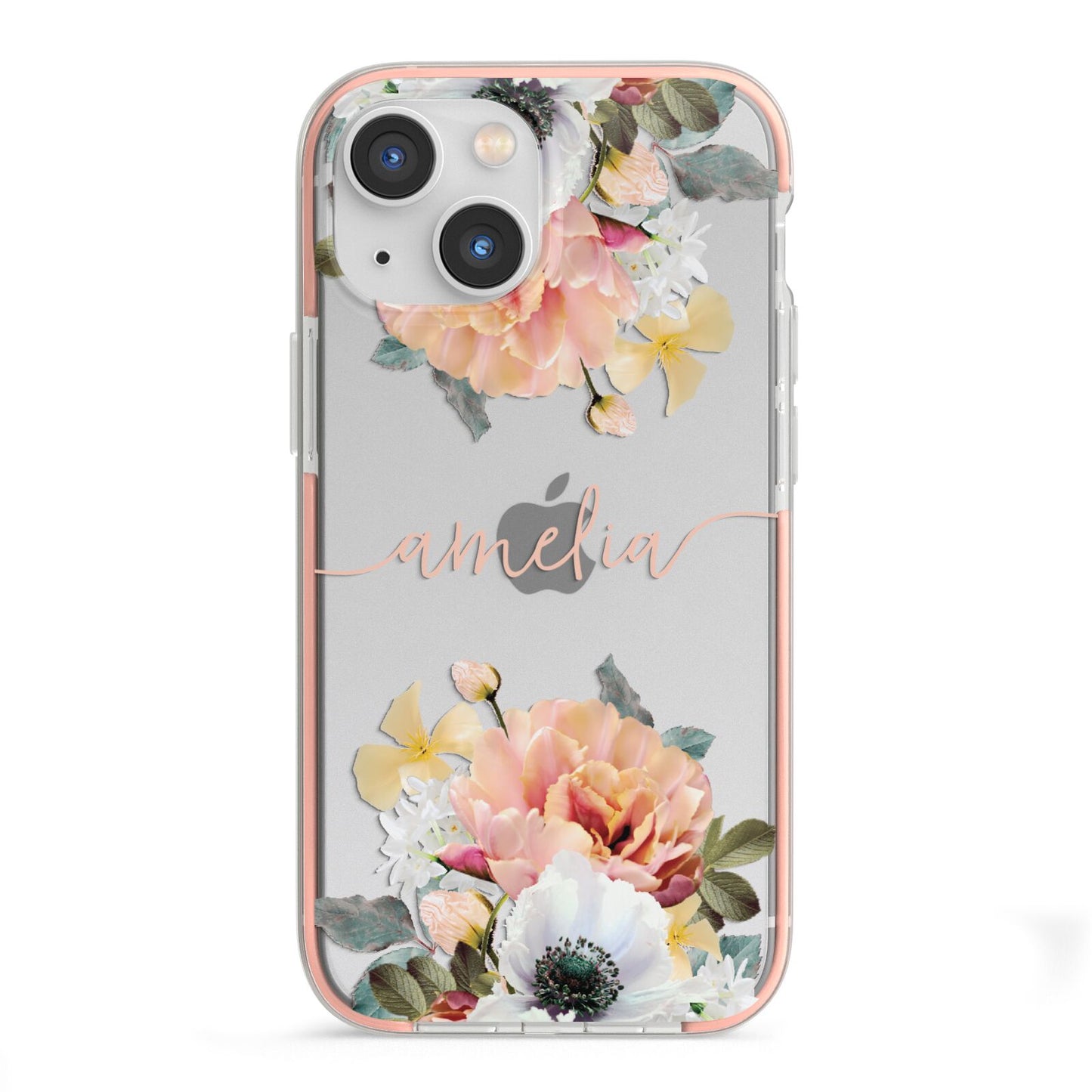 Personalised Name Clear Floral iPhone 13 Mini TPU Impact Case with Pink Edges