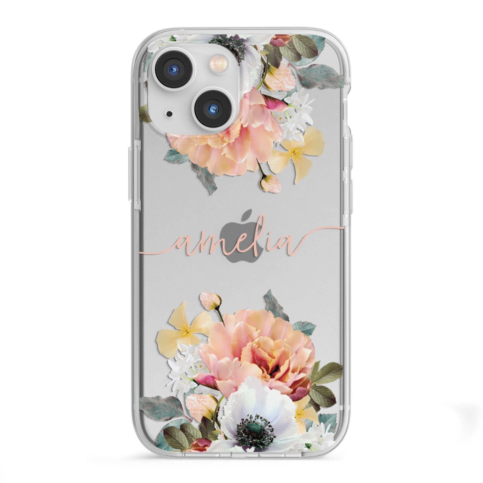 Personalised Name Clear Floral iPhone 13 Mini TPU Impact Case with White Edges