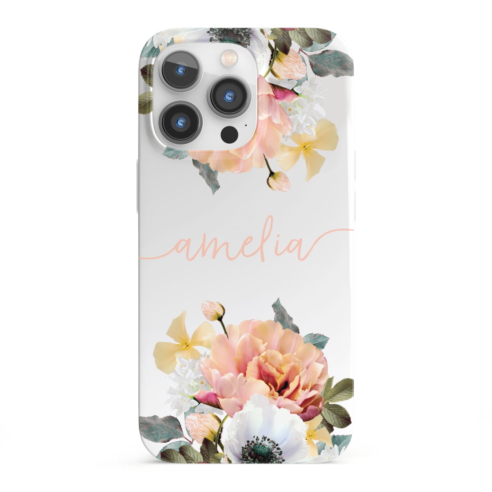 Personalised Name Clear Floral iPhone 13 Pro Full Wrap 3D Snap Case