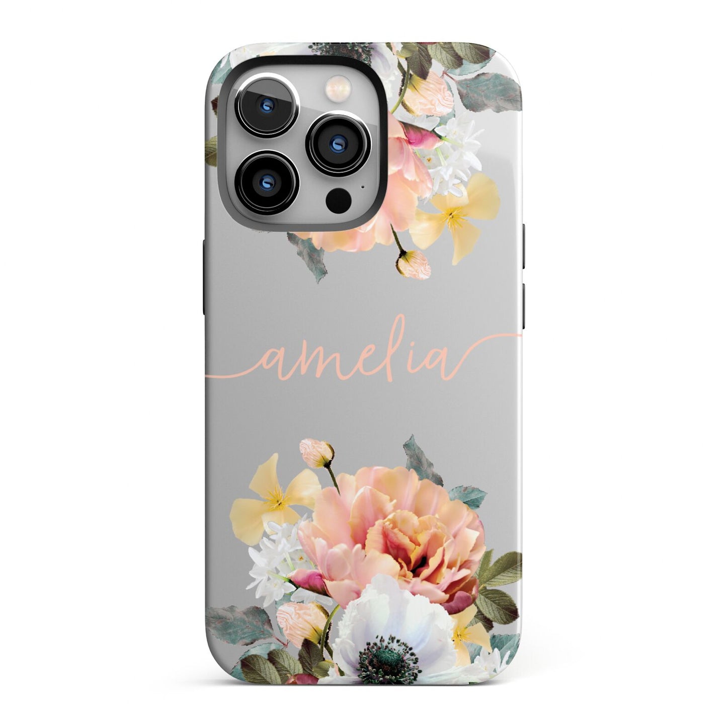 Personalised Name Clear Floral iPhone 13 Pro Full Wrap 3D Tough Case