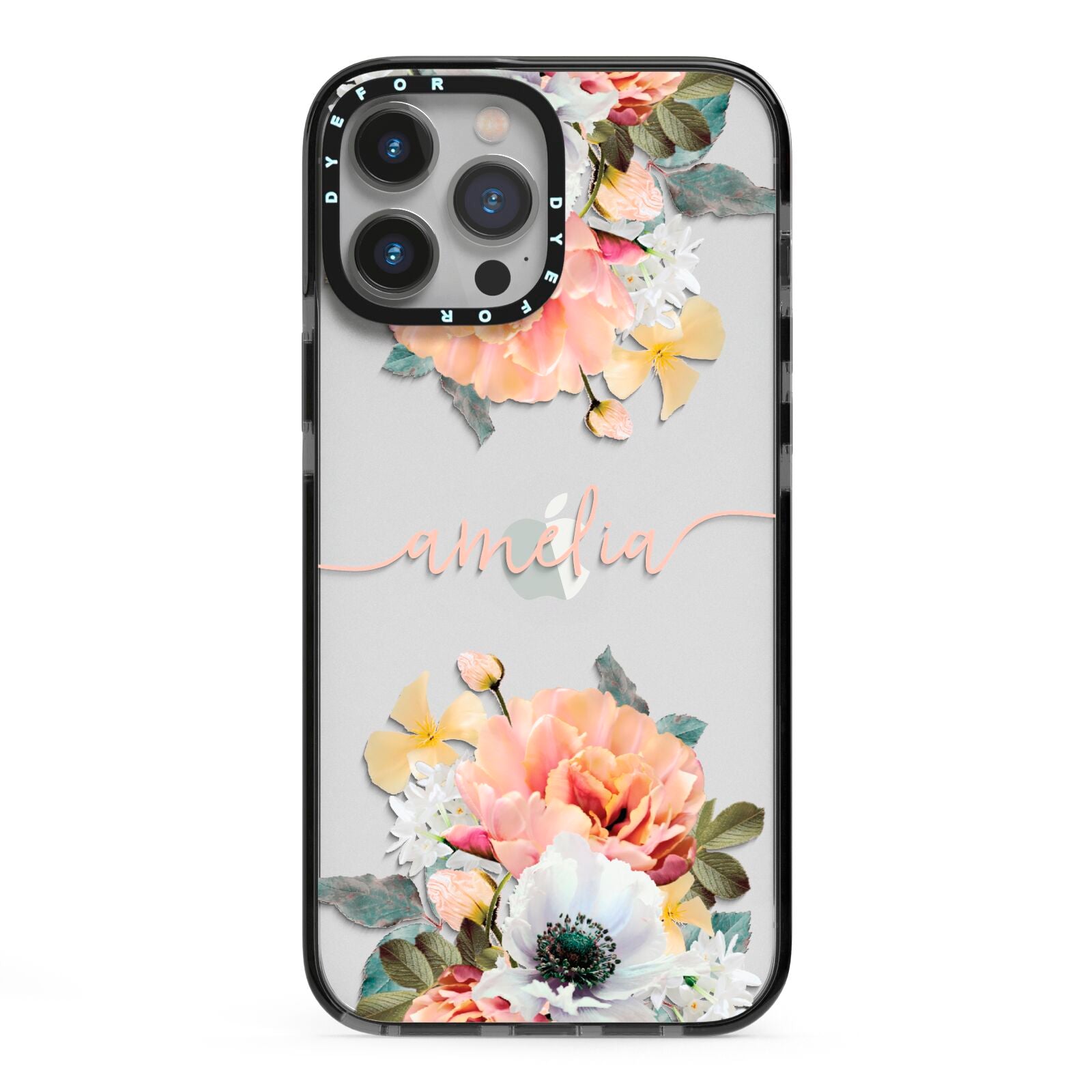 Personalised Name Clear Floral iPhone 13 Pro Max Black Impact Case on Silver phone