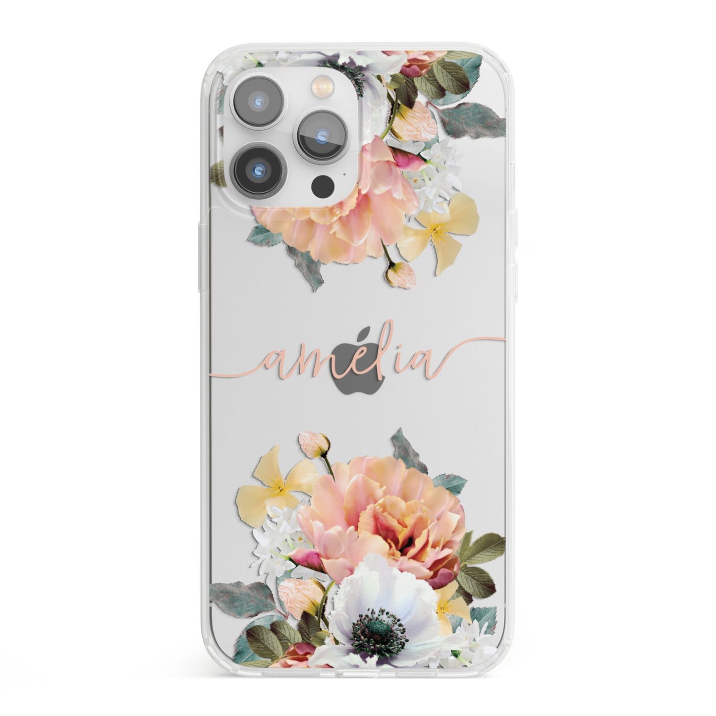 Personalised Name Clear Floral iPhone 13 Pro Max Clear Bumper Case