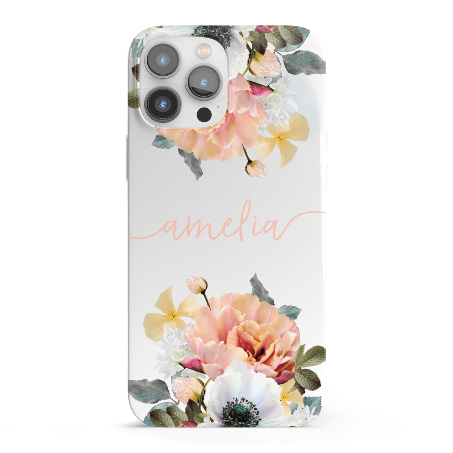 Personalised Name Clear Floral iPhone 13 Pro Max Full Wrap 3D Snap Case