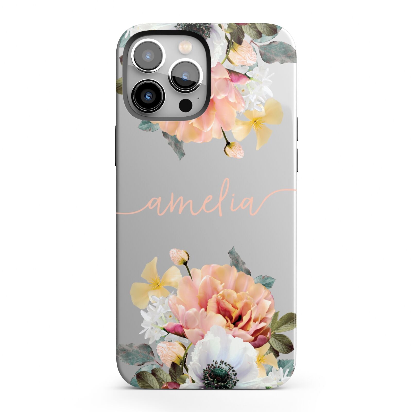 Personalised Name Clear Floral iPhone 13 Pro Max Full Wrap 3D Tough Case